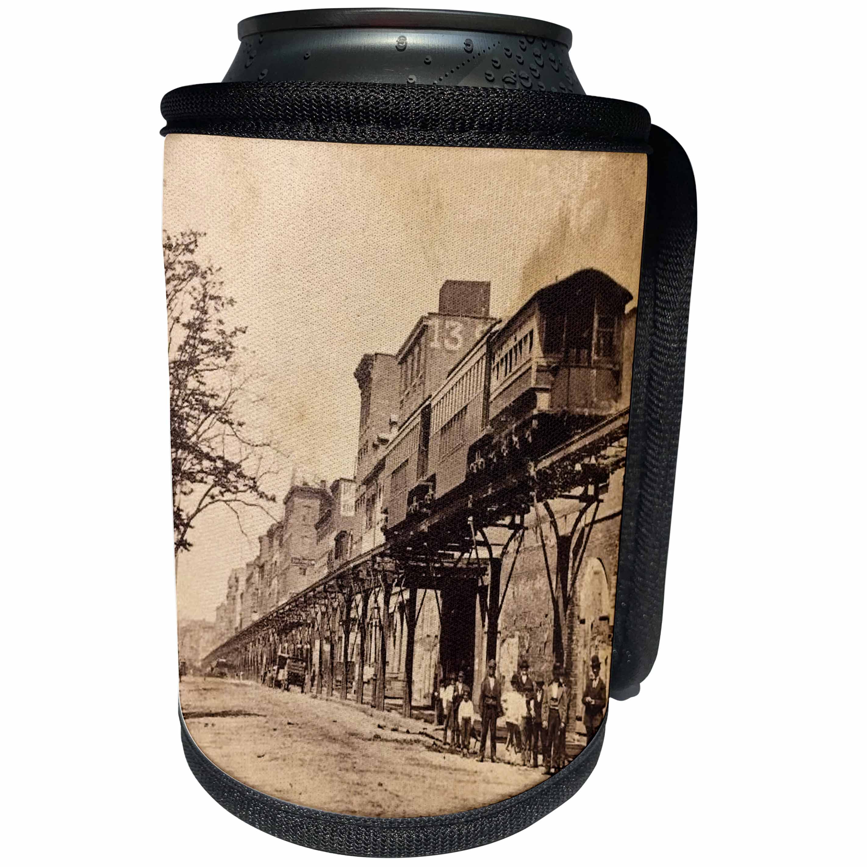 3dRose Scenes from the Past Vintage Stereoview Cards - New York Elevated Railroad Greenwich Stereoview Late 1800s - Can Cooler Bottle Wrap (cc_270014)