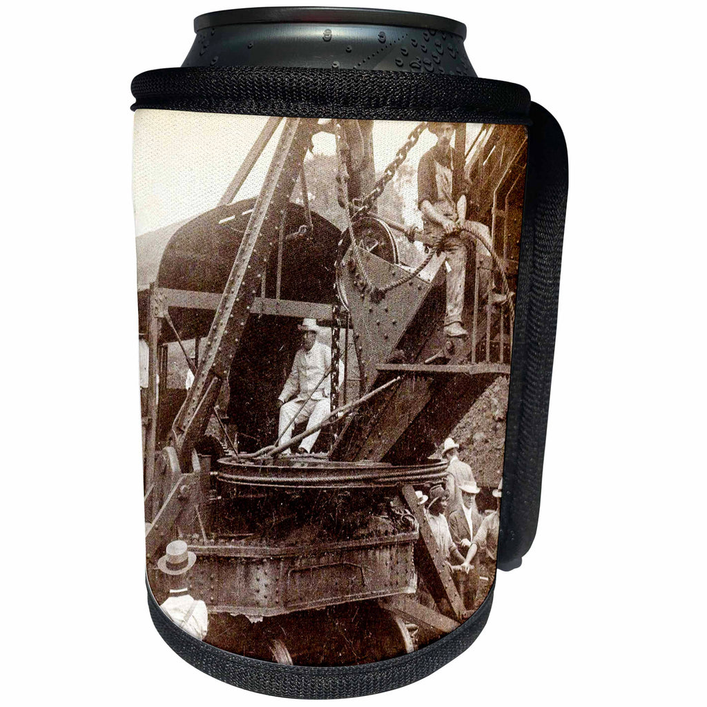 3dRose Scenes from the Past Vintage Stereoview Cards - Teddy Roosevelt On Steam Shovel Culebra Cut Panama Canal 1906 - Can Cooler Bottle Wrap (cc_270020)