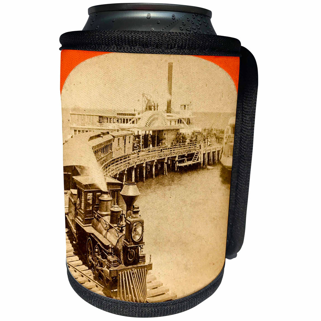 3dRose Scenes from the Past Vintage Stereoview Cards - 1870s Marthas Vineyard Railroad Oak Bluffs Steamship Diamond Stack - Can Cooler Bottle Wrap (cc_270023)
