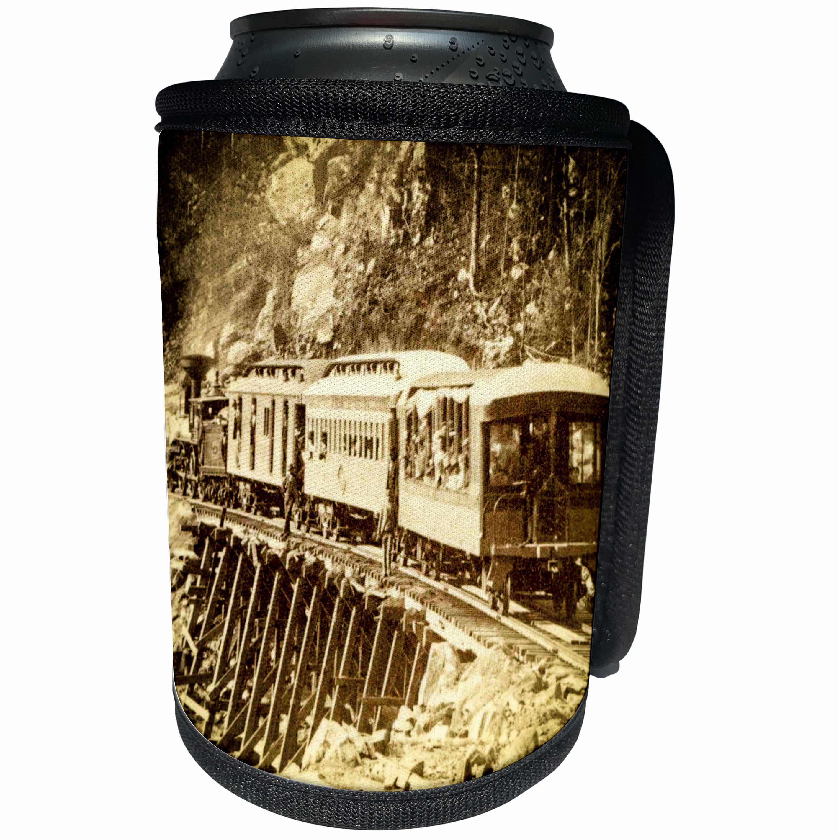 3dRose Scenes from the Past Vintage Stereoview Cards - Portland and Ogdensburg Railroad Train White Mountains Close Up - Can Cooler Bottle Wrap (cc_270028)