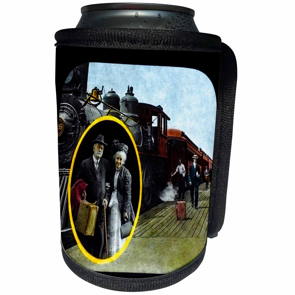 3dRose Scenes from the Past Magic Lantern Slides - Antique Edwardian Colored Slide Circa 1910 Traveling by Train - Can Cooler Bottle Wrap (cc_270036)