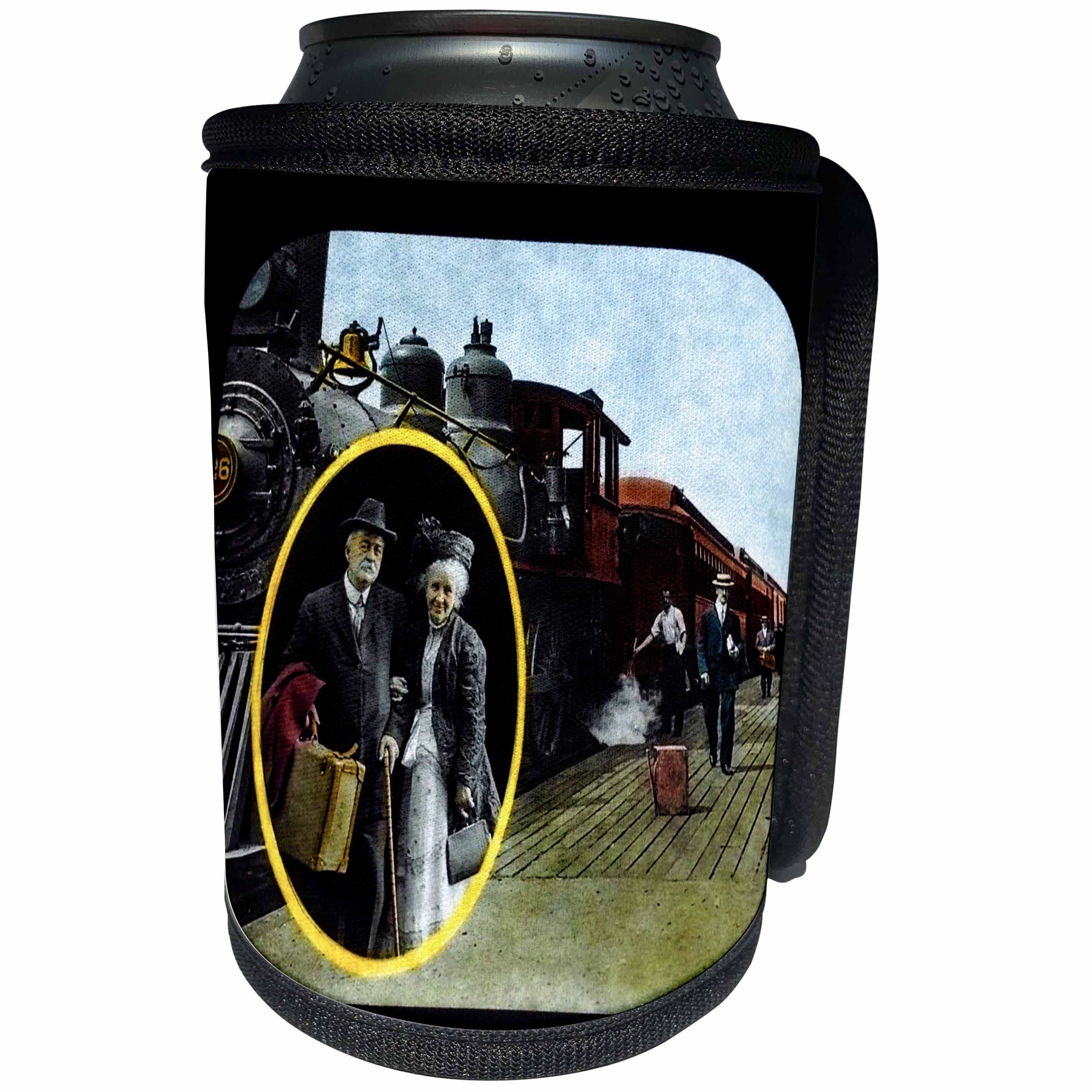 3dRose Scenes from the Past Magic Lantern Slides - Antique Edwardian Colored Slide Circa 1910 Traveling by Train - Can Cooler Bottle Wrap (cc_270036)