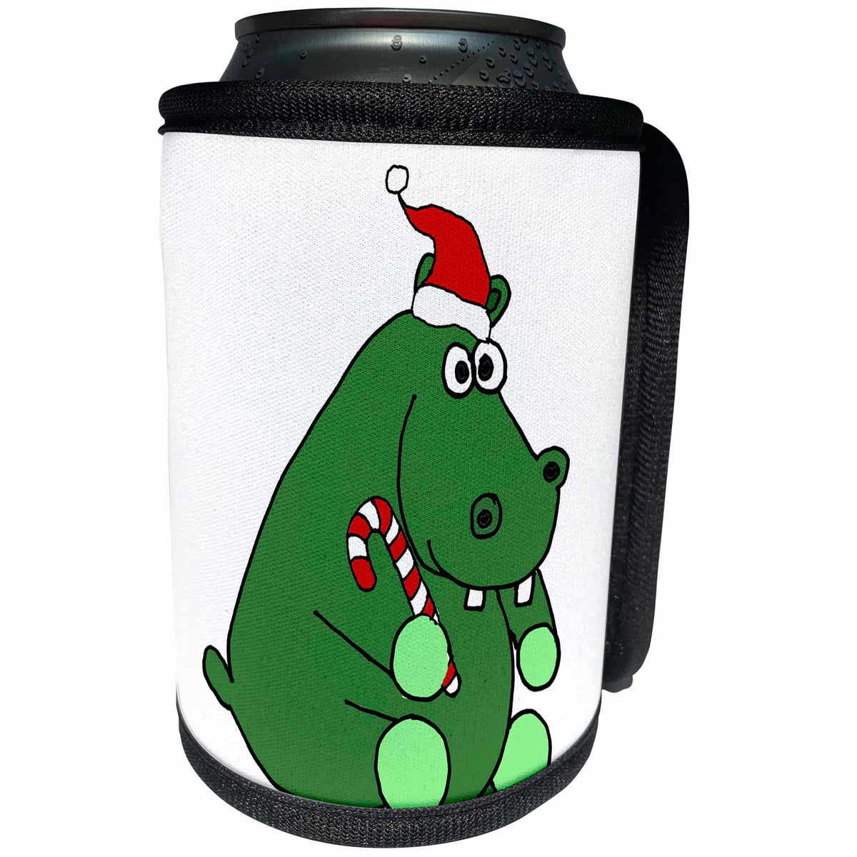 3dRose All Smiles Art Christmas - Funny Funky Hippo in Santa Hat Christmas Cartoon - Can Cooler Bottle Wrap (cc_270052)