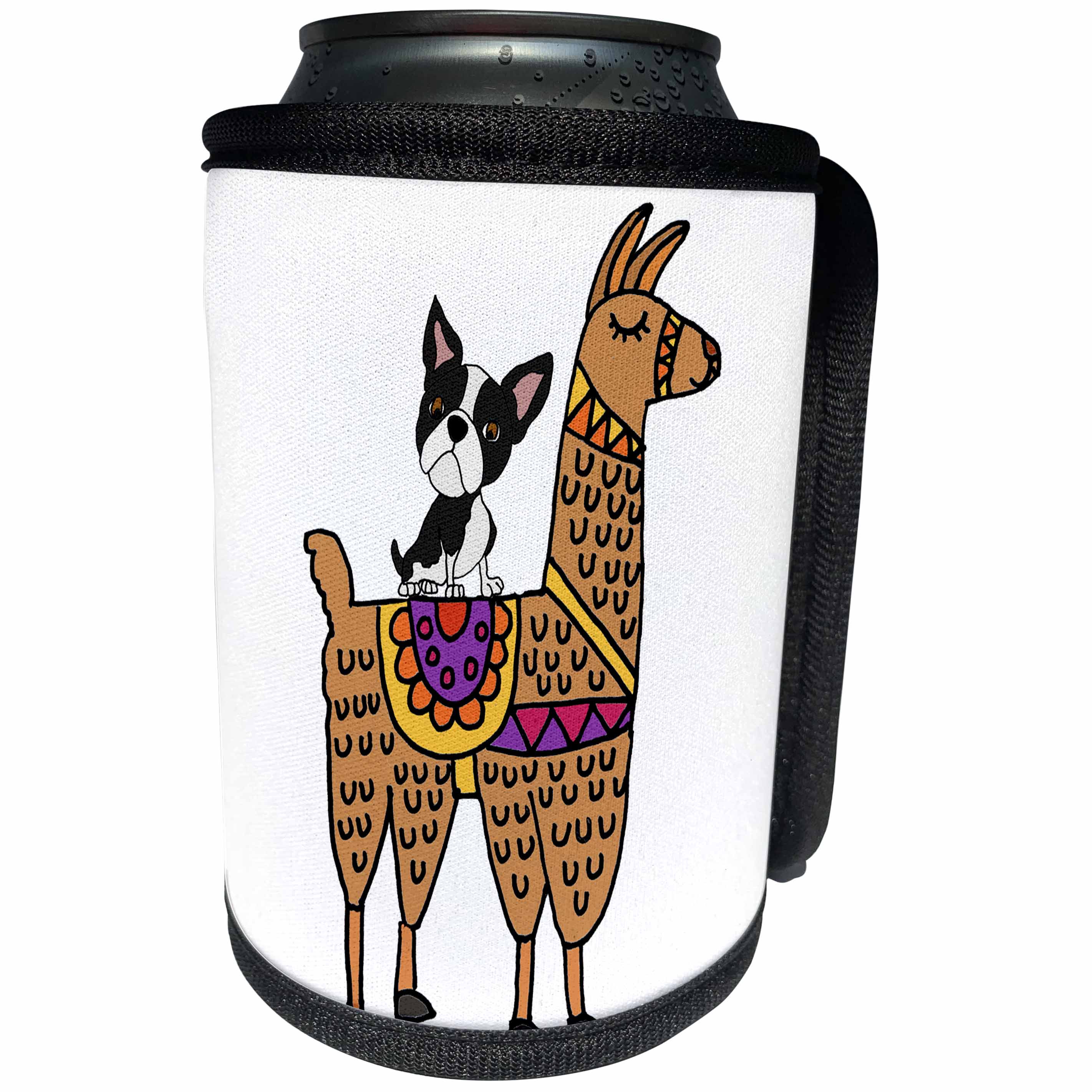 3dRose All Smiles Art Animals - Funny Cool Boston Terrier Dog Riding Llama Cartoon - Can Cooler Bottle Wrap (cc_270055)