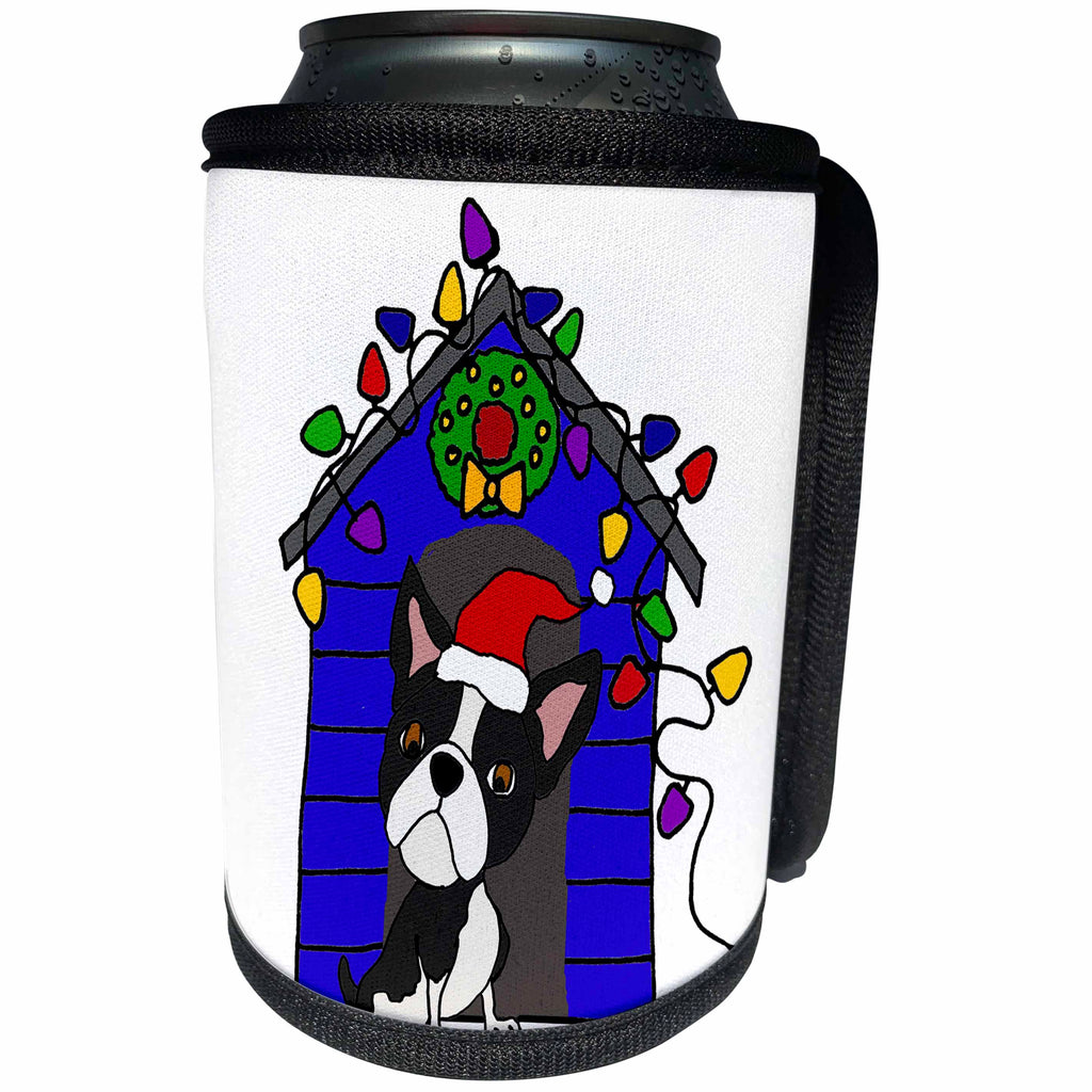 3dRose All Smiles Art Christmas - Fun Cool Boston Terrier Dog with Christmas Lights Doghouse - Can Cooler Bottle Wrap (cc_270058)