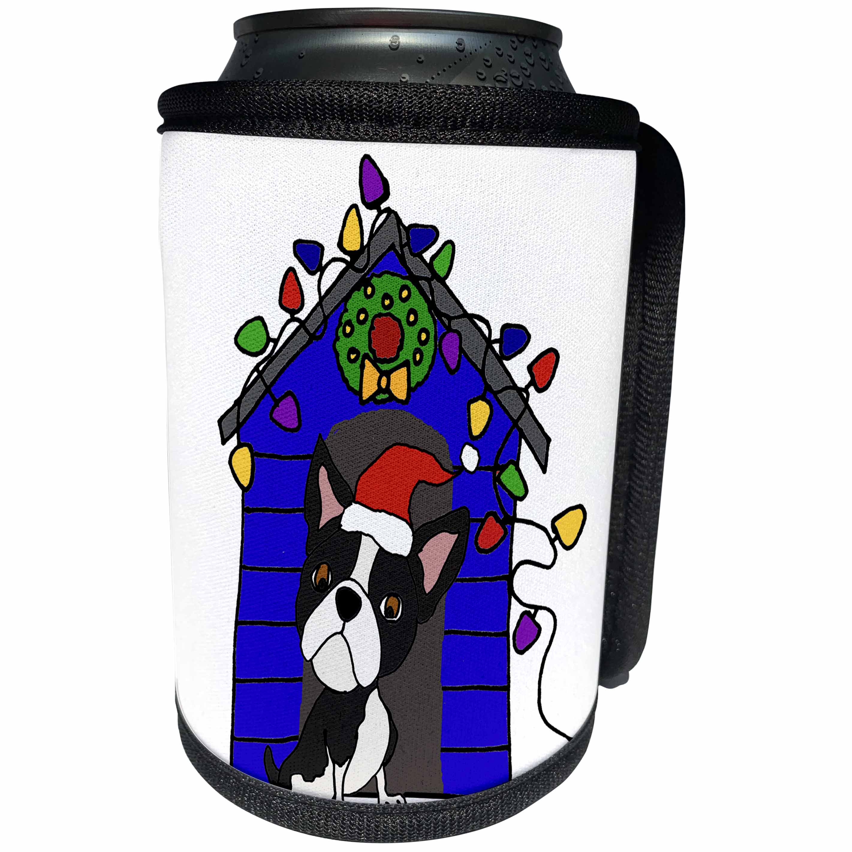 3dRose All Smiles Art Christmas - Fun Cool Boston Terrier Dog with Christmas Lights Doghouse - Can Cooler Bottle Wrap (cc_270058)