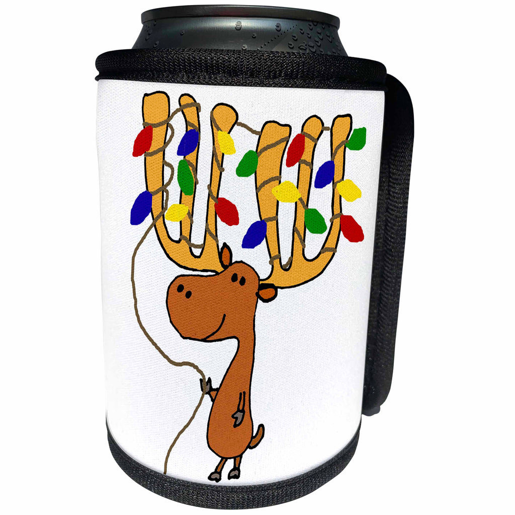 3dRose All Smiles Art Christmas - Cool Humorous Moose with Christmas Lights on Antlers Art - Can Cooler Bottle Wrap (cc_270062)