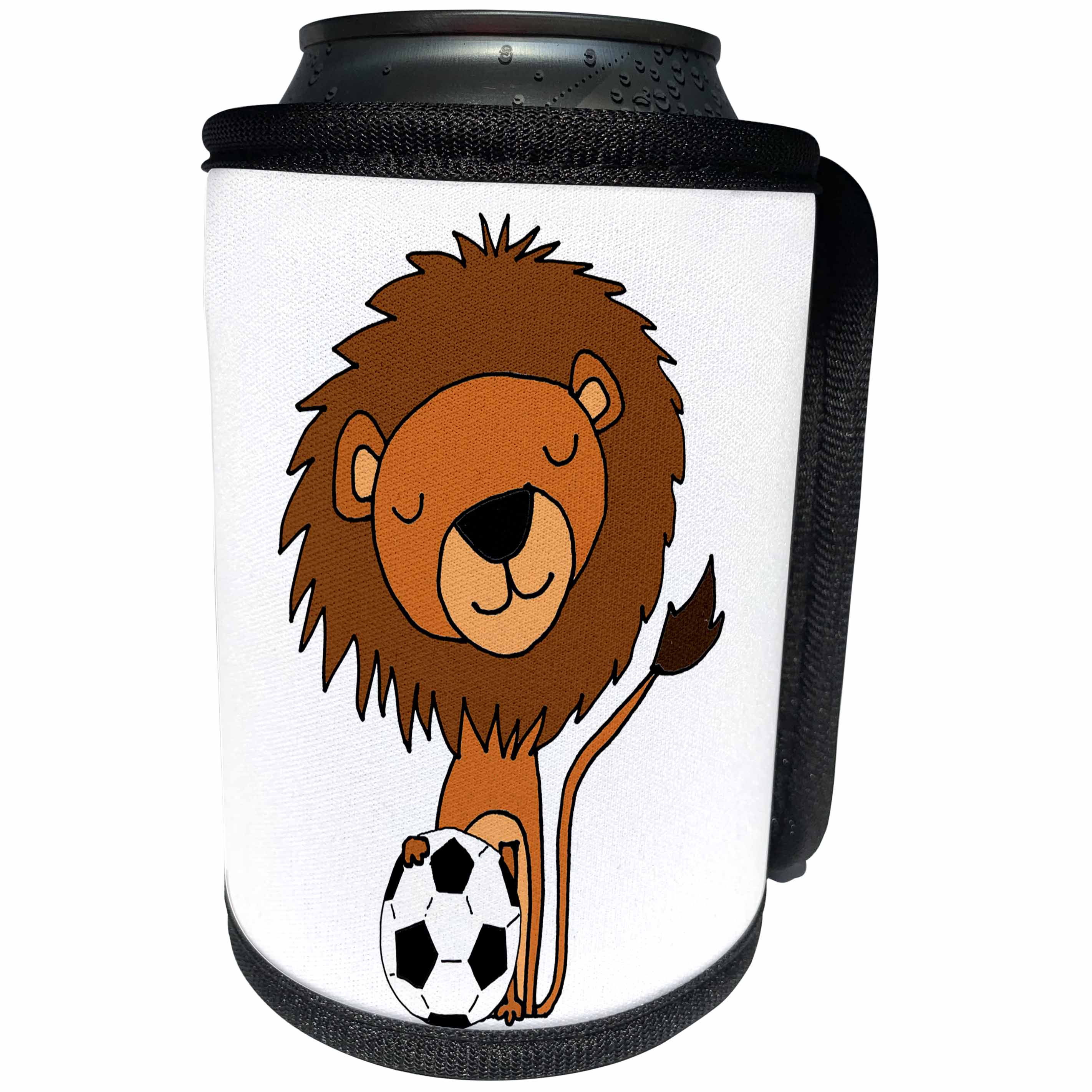 3dRose All Smiles Art Sports and Hobbies - Funny Cute Lion Playing Soccer Cartoon Art - Can Cooler Bottle Wrap (cc_270067)