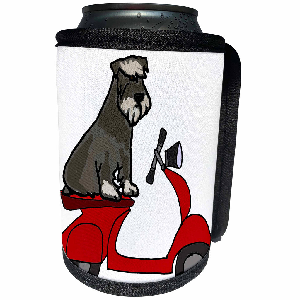3dRose All Smiles Art Pets - Funny Cute Schnauzer Dog Riding red Motor Scooter Cartoon - Can Cooler Bottle Wrap (cc_270072)