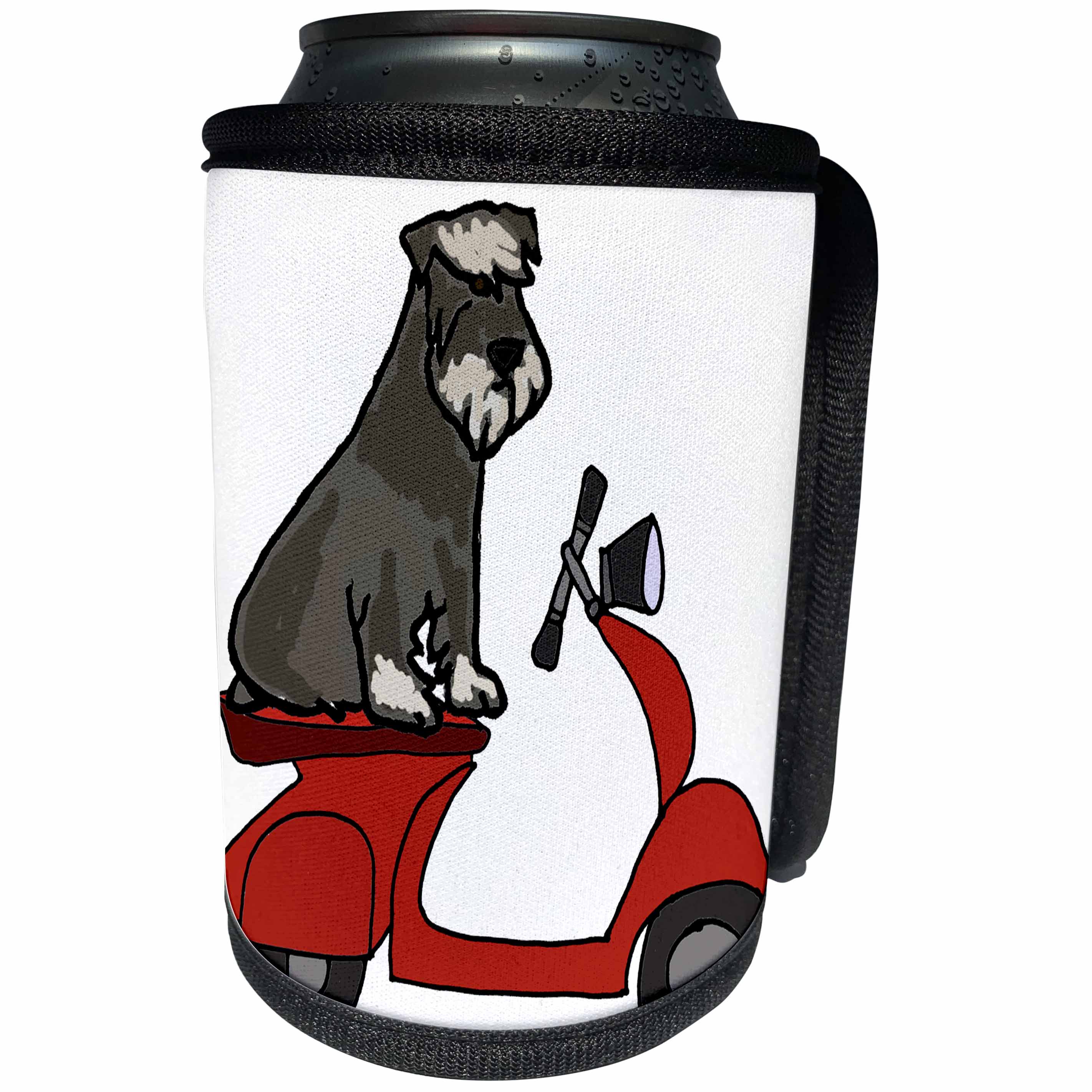3dRose All Smiles Art Pets - Funny Cute Schnauzer Dog Riding red Motor Scooter Cartoon - Can Cooler Bottle Wrap (cc_270072)
