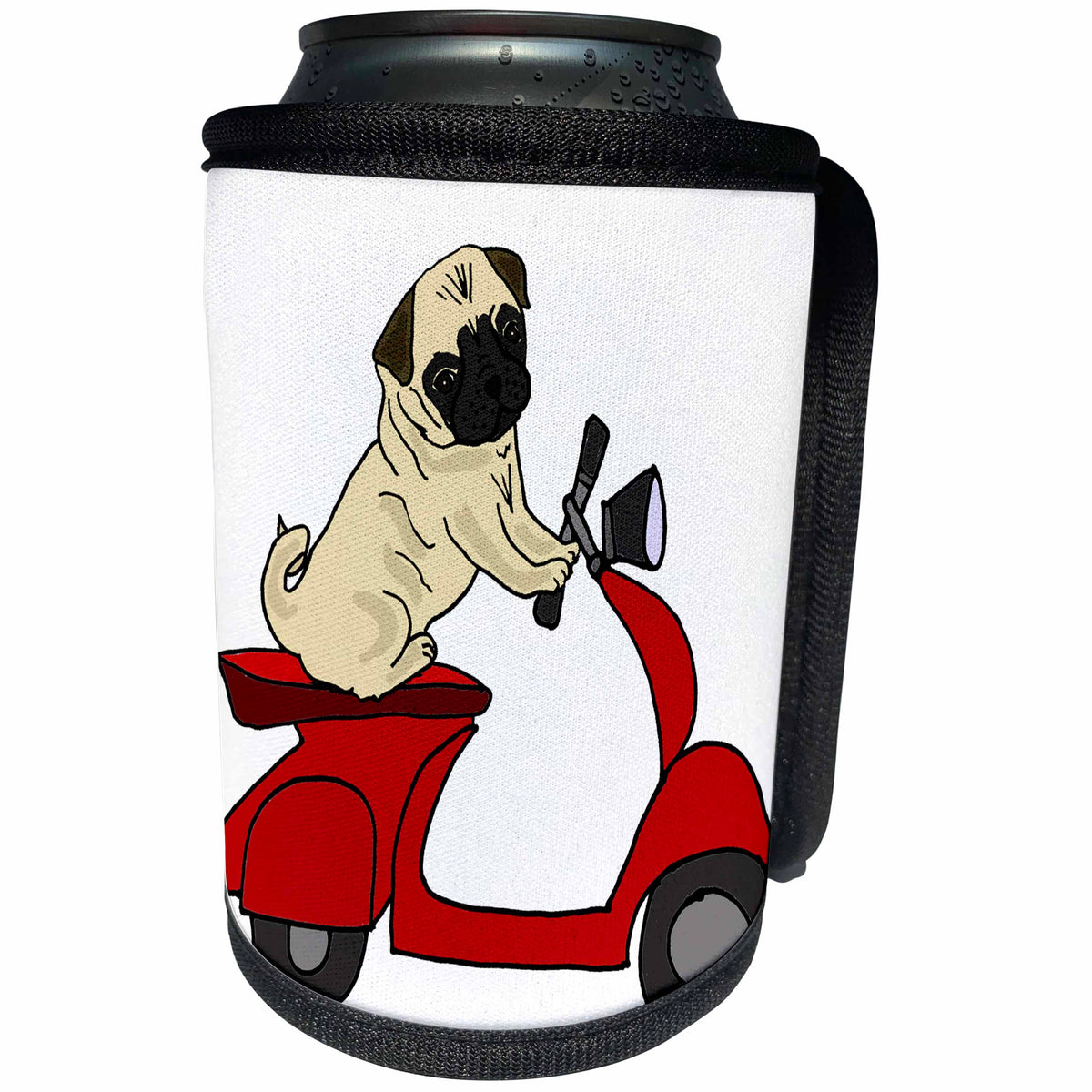 3dRose All Smiles Art Pets - Funny Cute Pug Dog Riding red Motor Scooter Cartoon - Can Cooler Bottle Wrap (cc_270073)