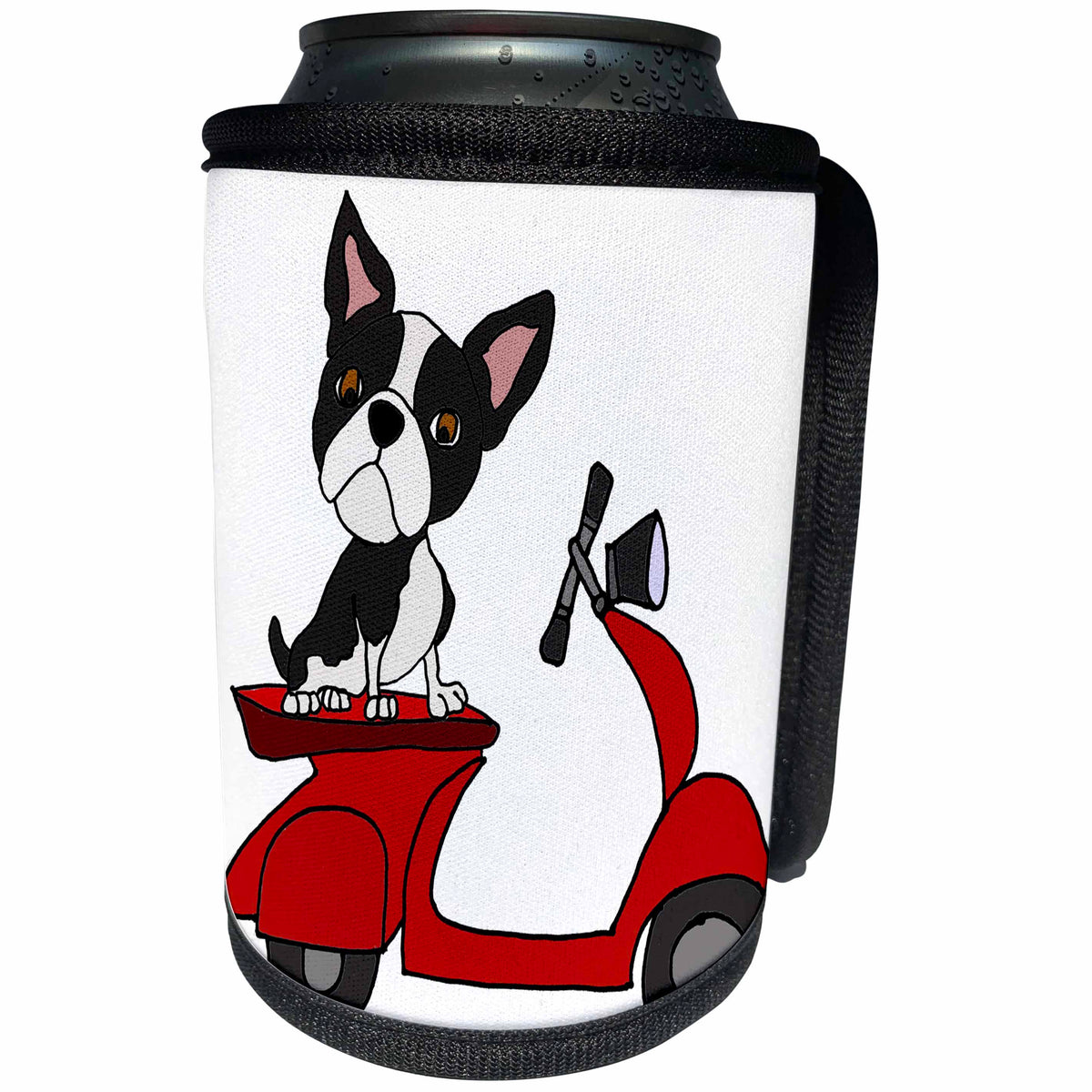 3dRose All Smiles Art Pets - Funny Cute Boston Terrier Dog Riding red Motor Scooter Art - Can Cooler Bottle Wrap (cc_270076)