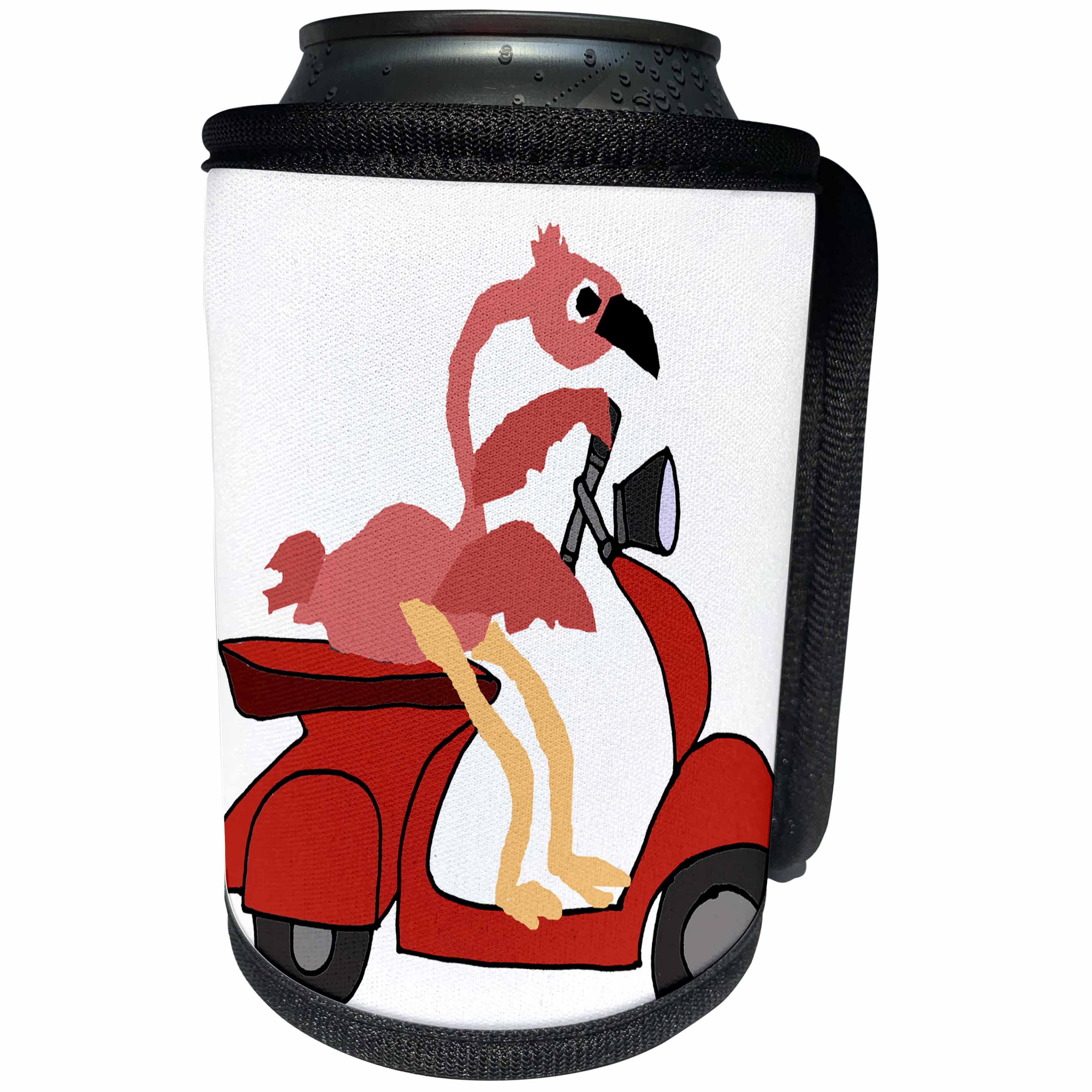 3dRose All Smiles Art Birds - Funny Cool Pink Flamingo Bird riding red Motor Scooter Art - Can Cooler Bottle Wrap (cc_270077)