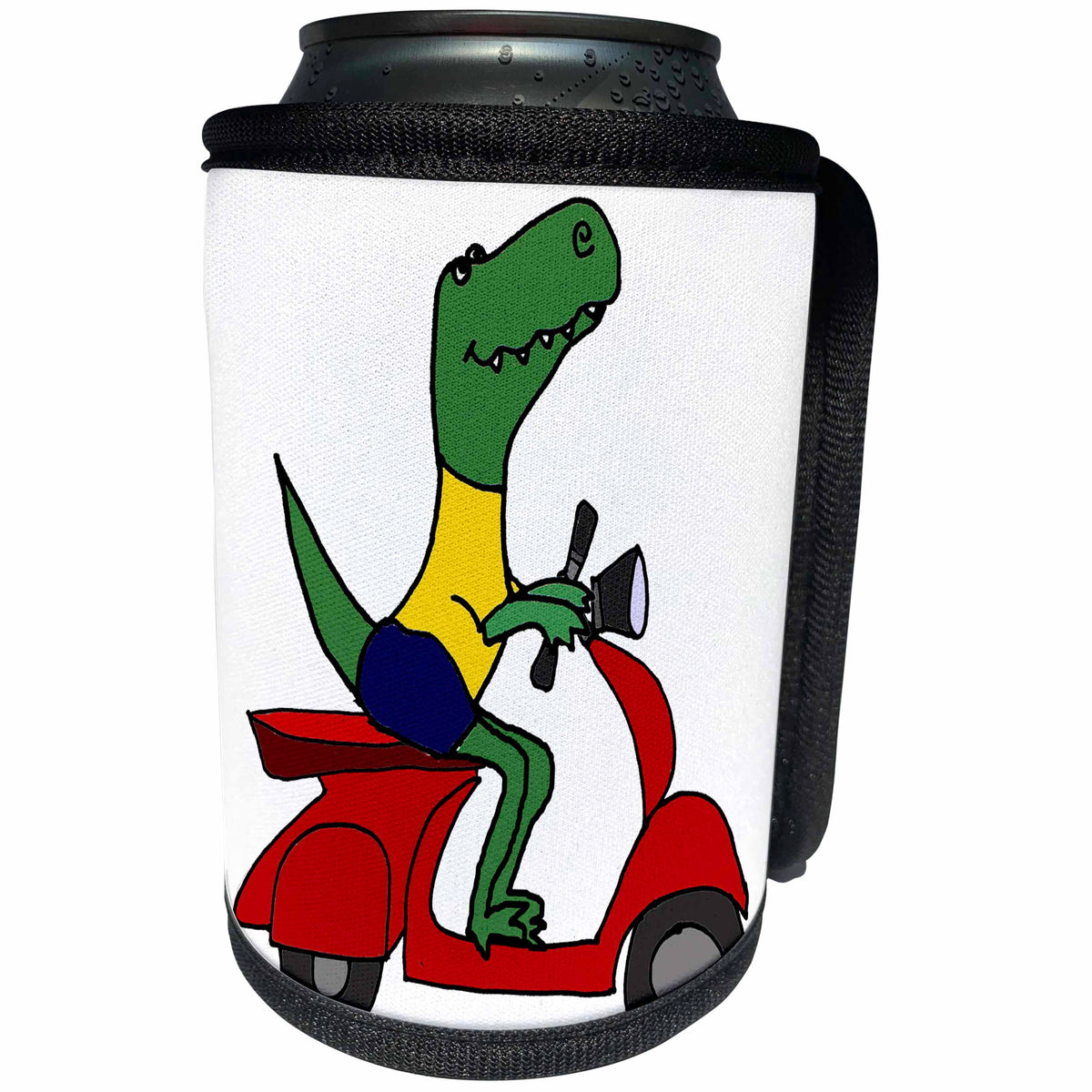 3dRose All Smiles Art Dinosaur - Funny Cool T-rex Dinosaur riding red Motor Scooter Cartoon - Can Cooler Bottle Wrap (cc_270078)