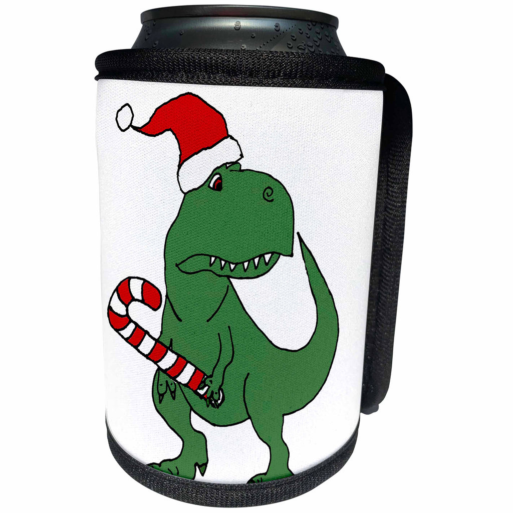 3dRose All Smiles Art Christmas - Cute funny funky Green T-rex Dinosaur in Santa Hat Christmas - Can Cooler Bottle Wrap (cc_270080)