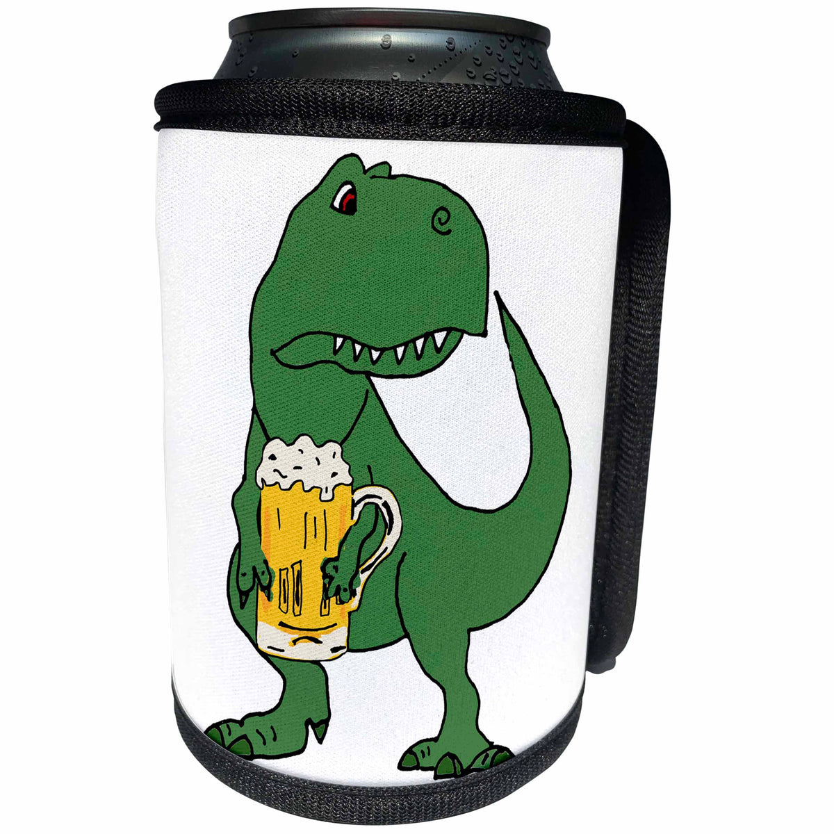 3dRose All Smiles Art Dinosaur - Funny Cool T-rex Dinosaur drinking Beer Cartoon - Can Cooler Bottle Wrap (cc_270081)