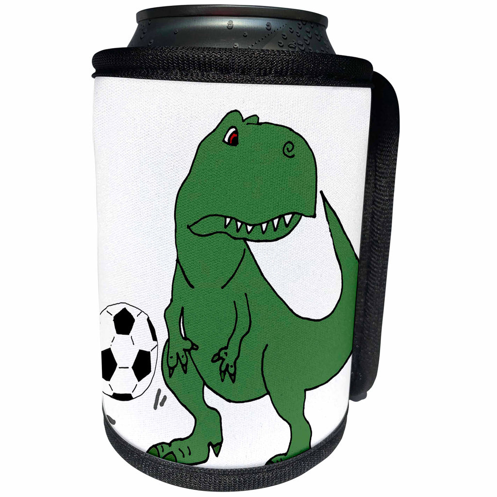 3dRose All Smiles Art Dinosaur - Funny Cute Green T-rex Dinosaur Playing Soccer Cartoon - Can Cooler Bottle Wrap (cc_270082)