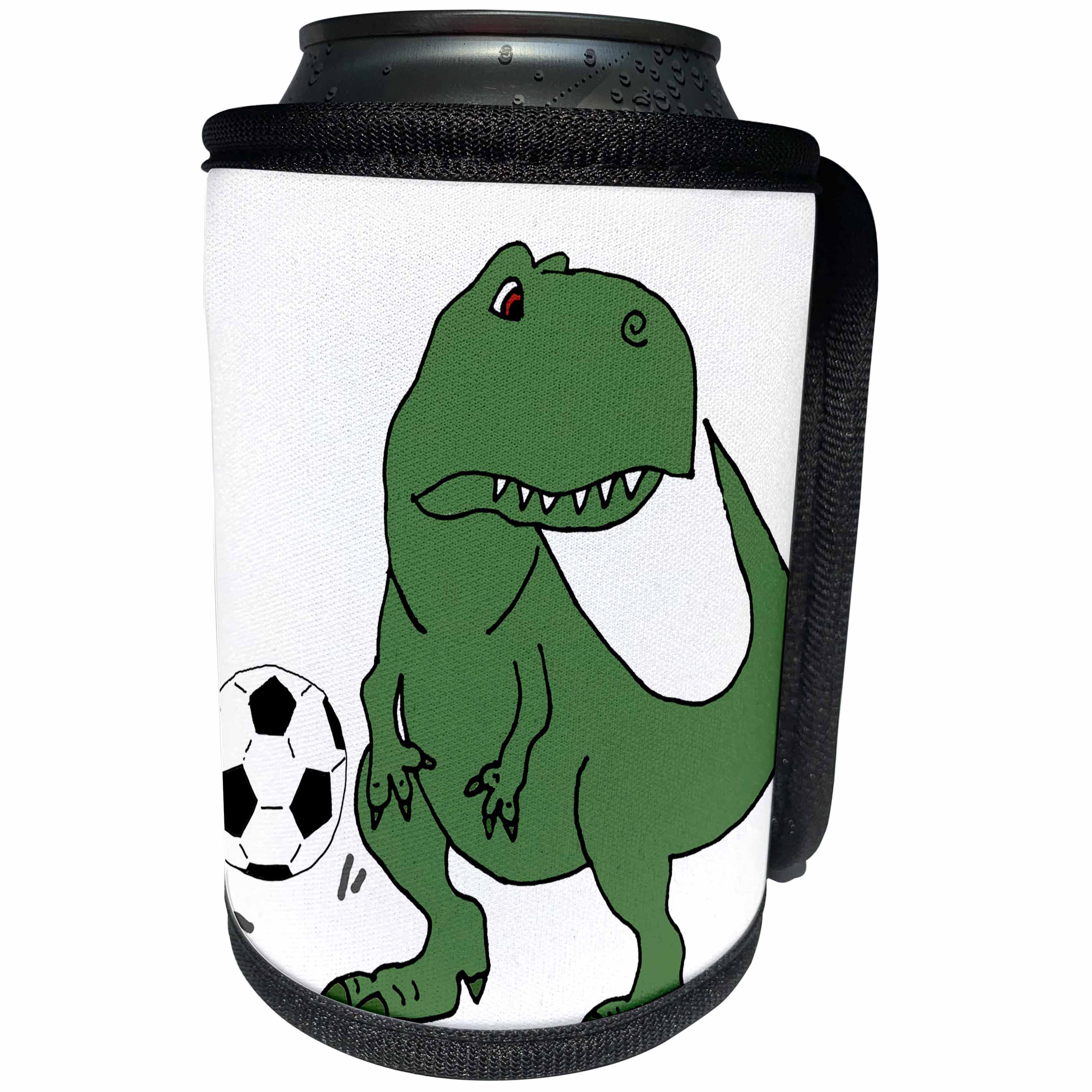 3dRose All Smiles Art Dinosaur - Funny Cute Green T-rex Dinosaur Playing Soccer Cartoon - Can Cooler Bottle Wrap (cc_270082)