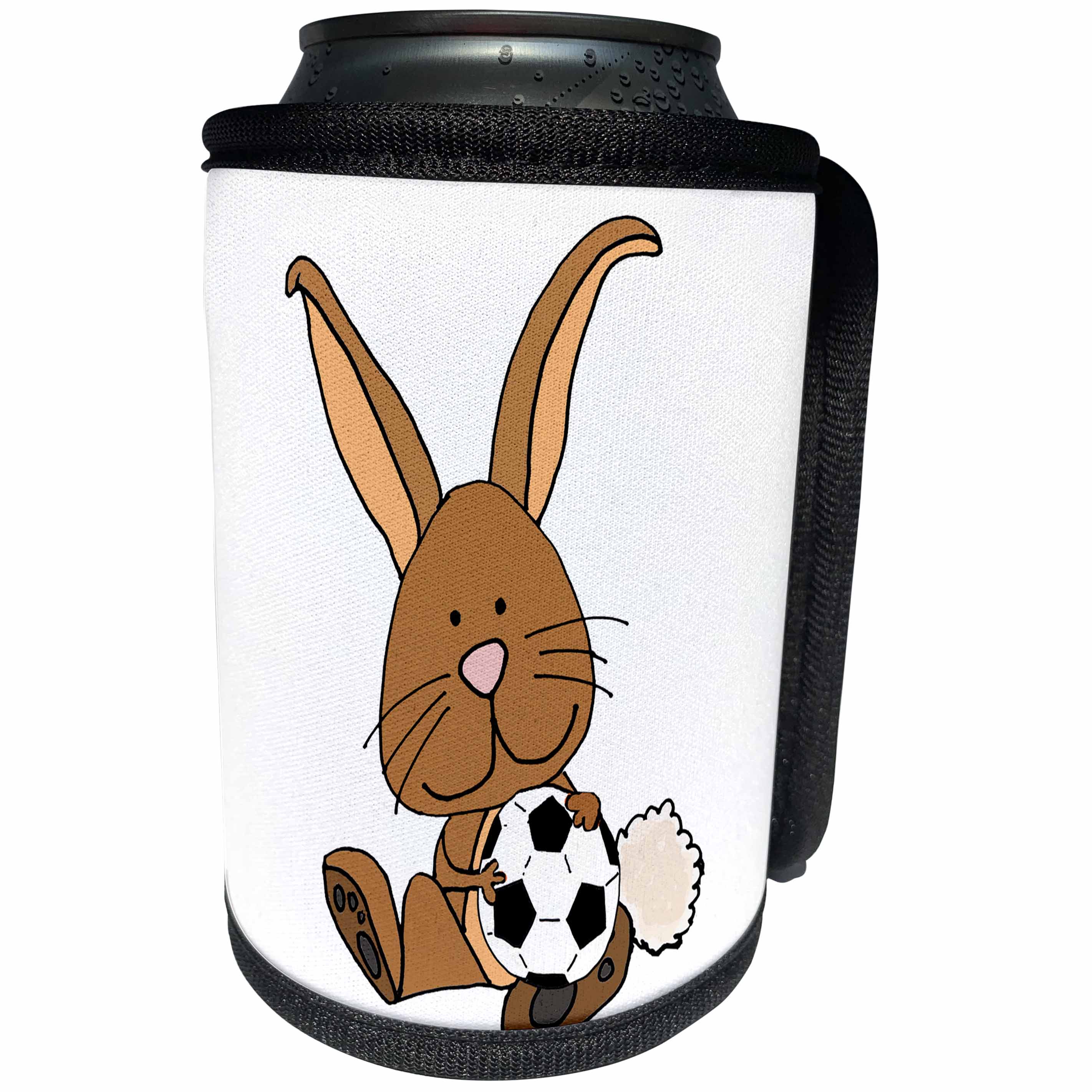 3dRose All Smiles Art Sports and Hobbies - Funny Cool Brown Bunny Rabbit Playing Soccer Cartoon - Can Cooler Bottle Wrap (cc_270090)