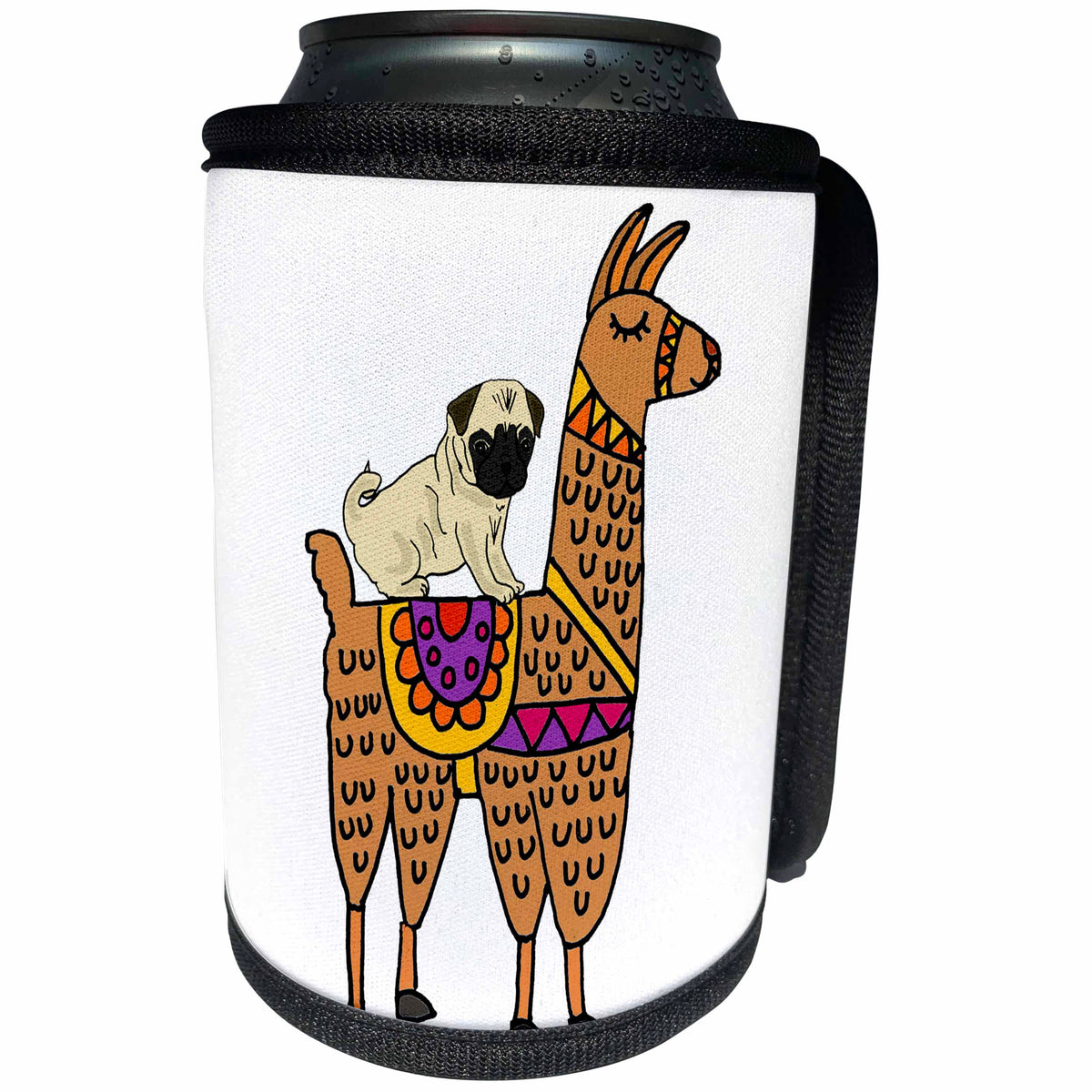 3dRose All Smiles Art Animals - Cool Humorous Pug Dog Riding llama Cartoon - Can Cooler Bottle Wrap (cc_270099)