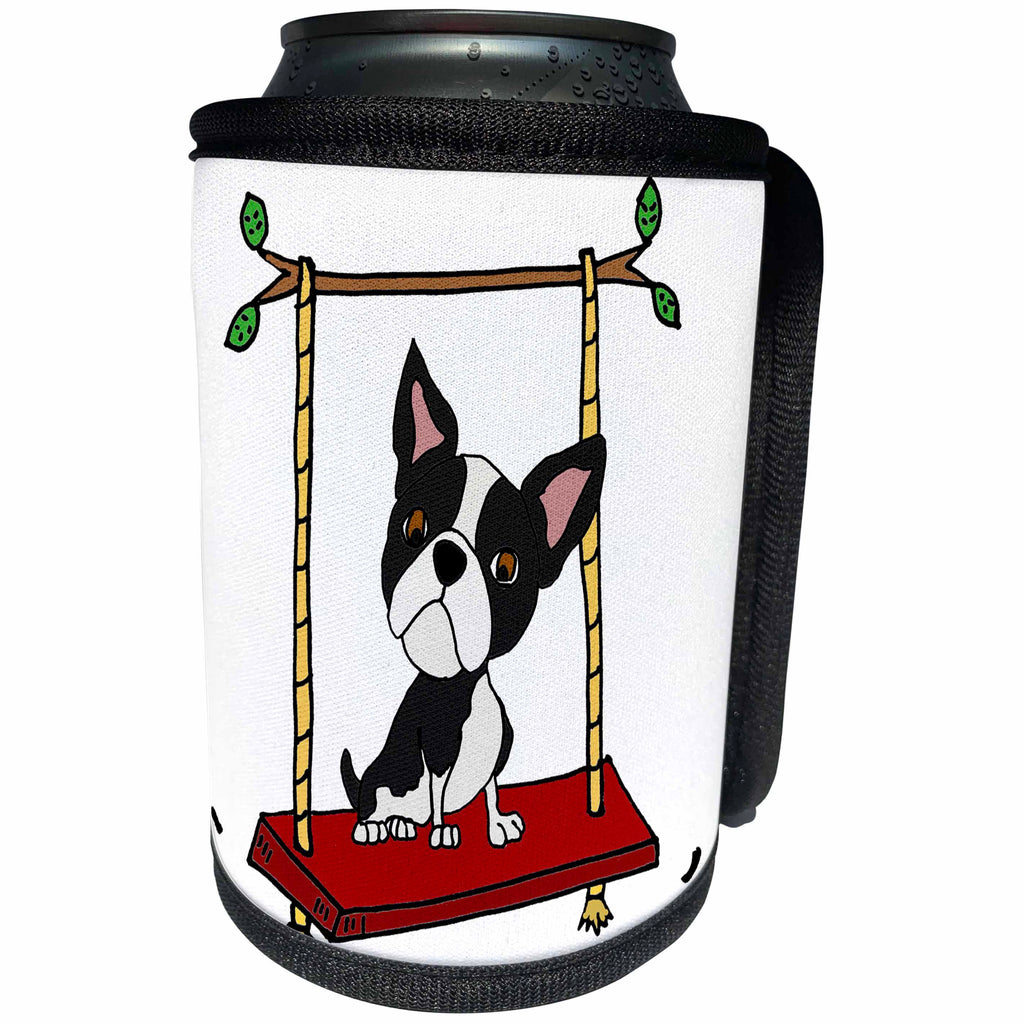 3dRose All Smiles Art Pets - Funny Cute Boston Terrier Dog on Swing Cartoon - Can Cooler Bottle Wrap (cc_270101)