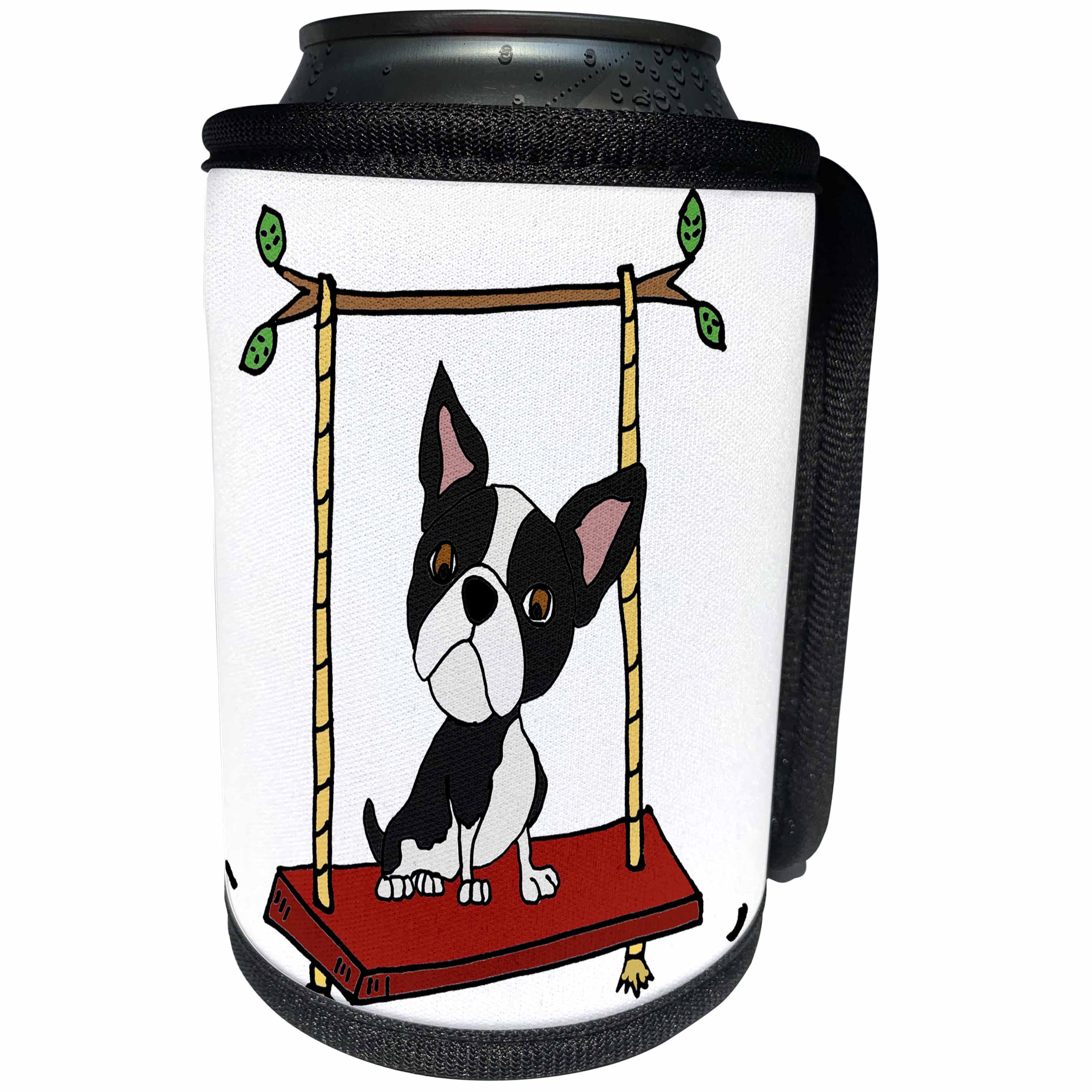 3dRose All Smiles Art Pets - Funny Cute Boston Terrier Dog on Swing Cartoon - Can Cooler Bottle Wrap (cc_270101)