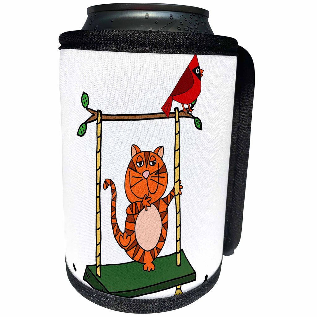 3dRose All Smiles Art Pets - Funny Cool Orange Tabby Cat on Swing Cartoon - Can Cooler Bottle Wrap (cc_270102)