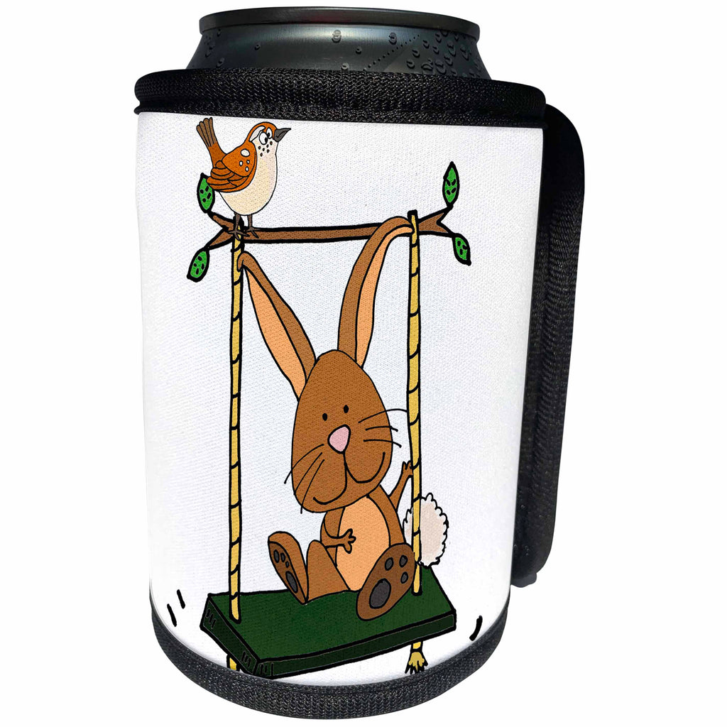 3dRose All Smiles Art Animals - Funny Cute Brown Bunny Rabbit and Wren Bird on Swing - Can Cooler Bottle Wrap (cc_270105)