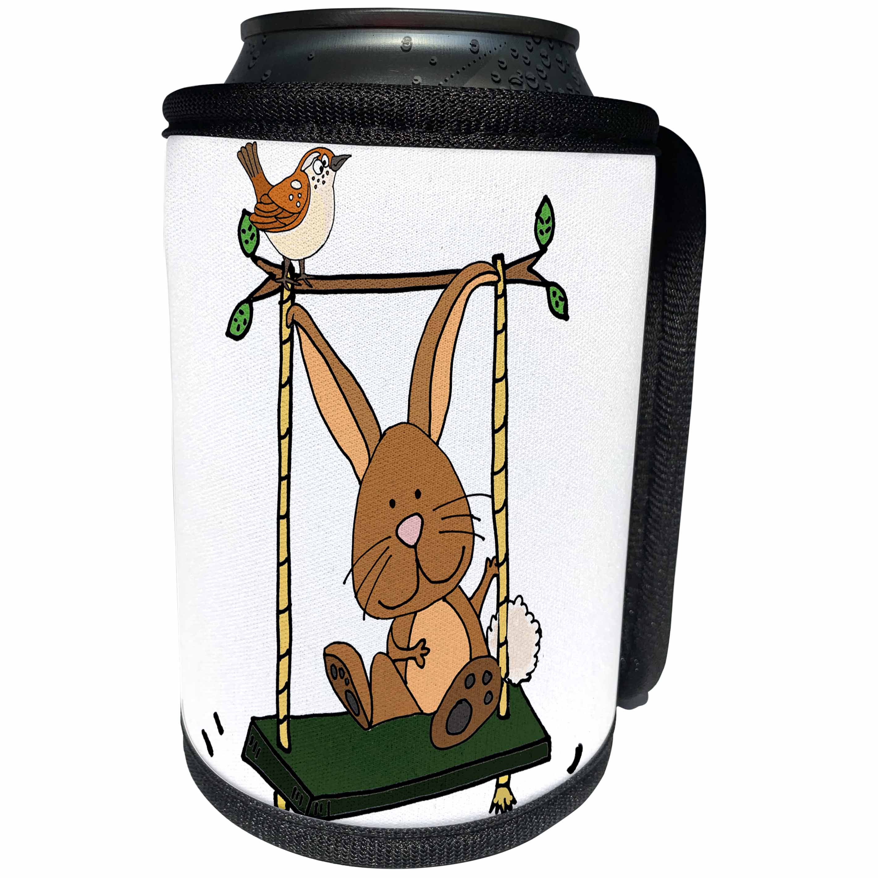 3dRose All Smiles Art Animals - Funny Cute Brown Bunny Rabbit and Wren Bird on Swing - Can Cooler Bottle Wrap (cc_270105)