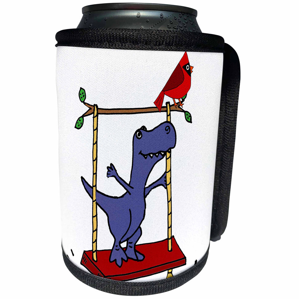 3dRose All Smiles Art Dinosaur - Funny Cute Blue T-rex dinosaur and Cardinal Bird Swinging - Can Cooler Bottle Wrap (cc_270107)