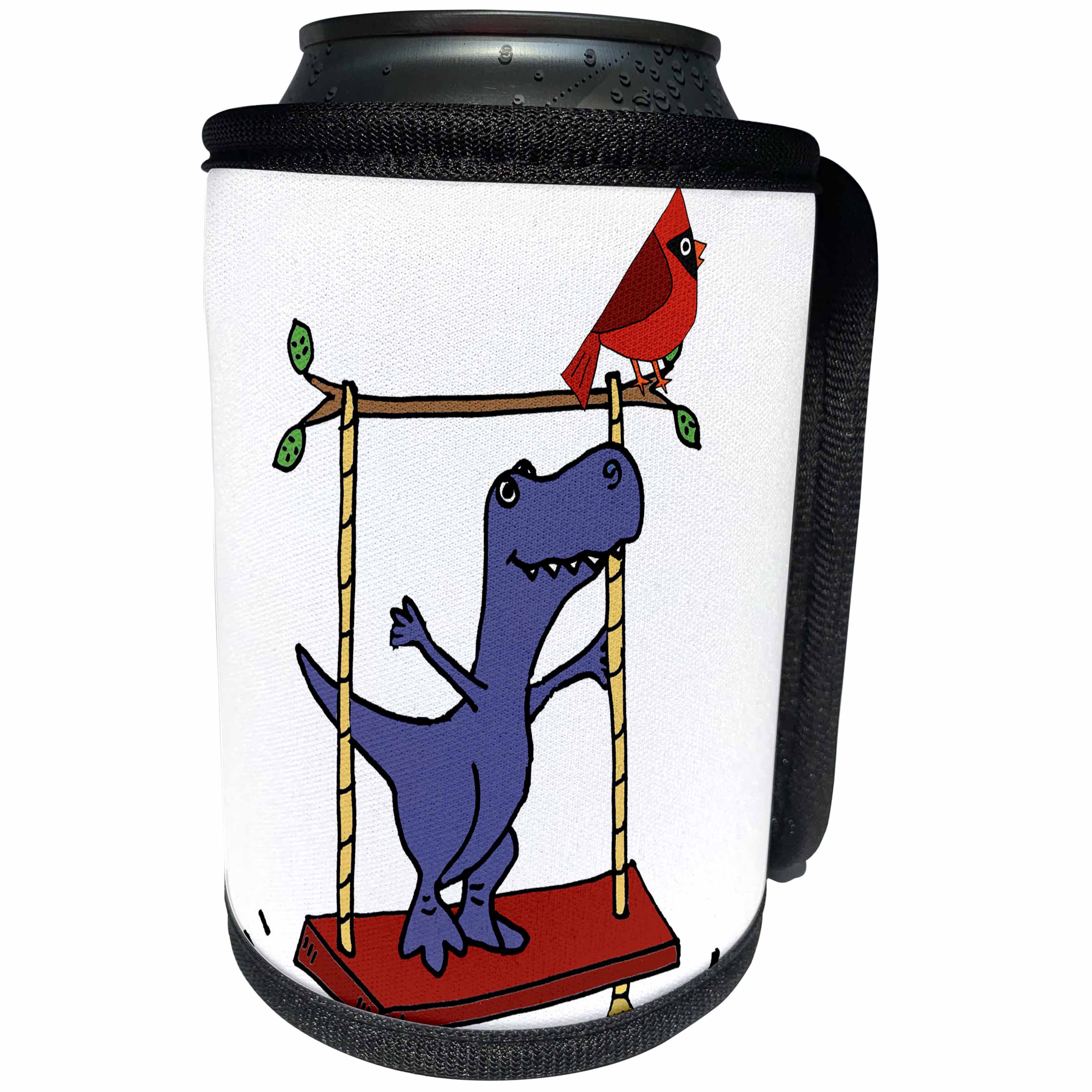3dRose All Smiles Art Dinosaur - Funny Cute Blue T-rex dinosaur and Cardinal Bird Swinging - Can Cooler Bottle Wrap (cc_270107)