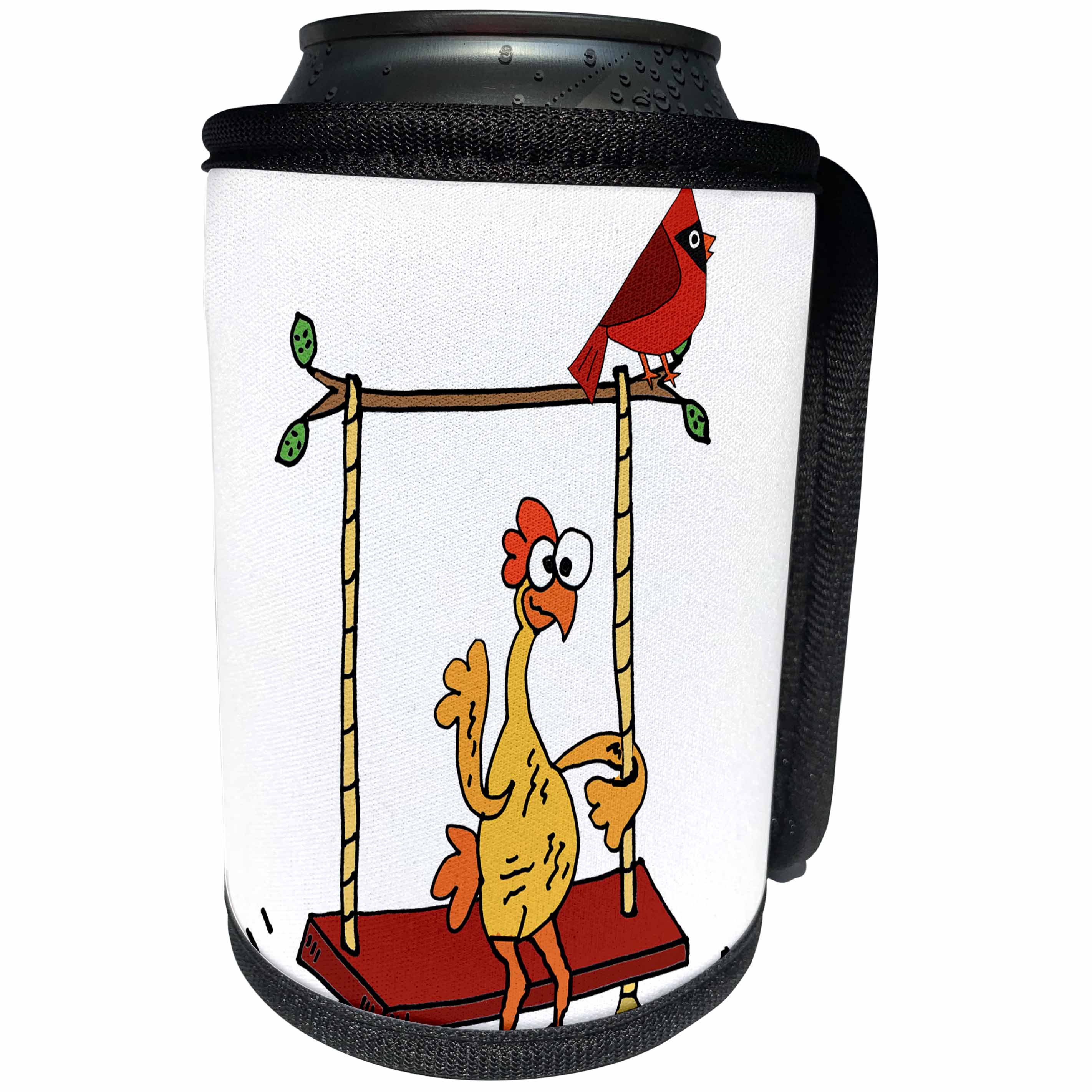 3dRose All Smiles Art Birds - Fun Cool Rubber Chicken and Cardinal Bird on Swing - Can Cooler Bottle Wrap (cc_270109)