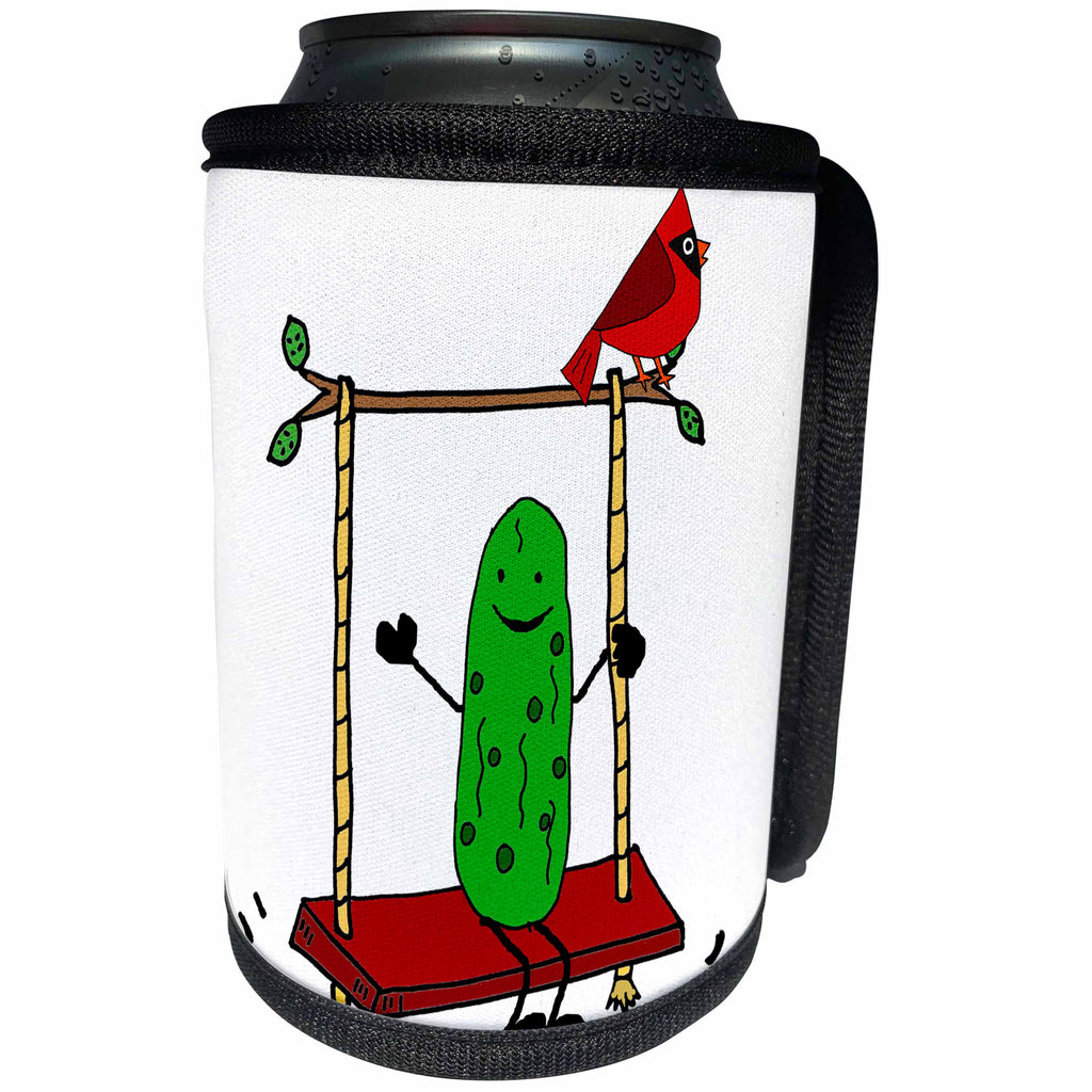 3dRose All Smiles Art Funny - Funny Cute Pickle and Cardinal Bird Swinging on Swing - Can Cooler Bottle Wrap (cc_270110)