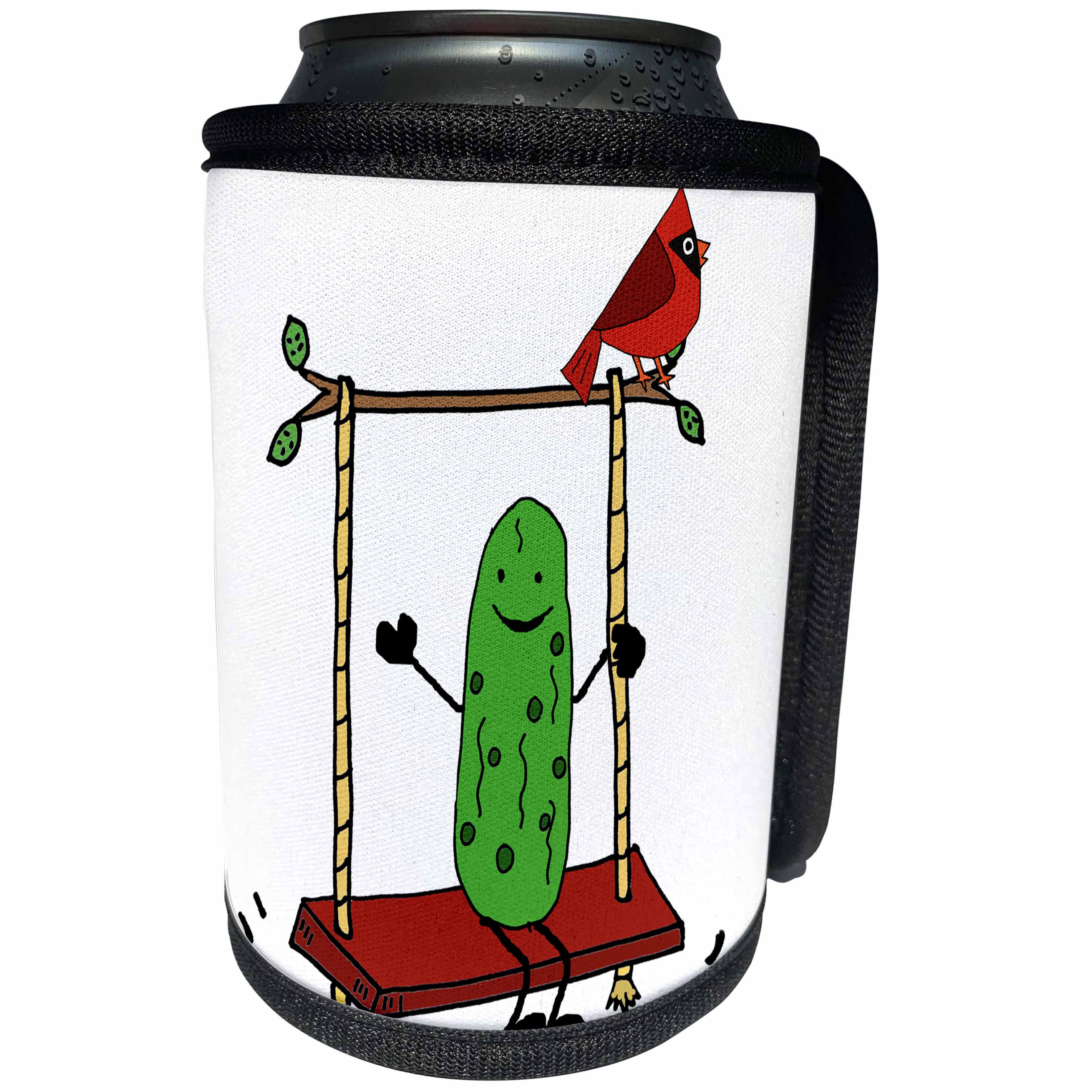 3dRose All Smiles Art Funny - Funny Cute Pickle and Cardinal Bird Swinging on Swing - Can Cooler Bottle Wrap (cc_270110)