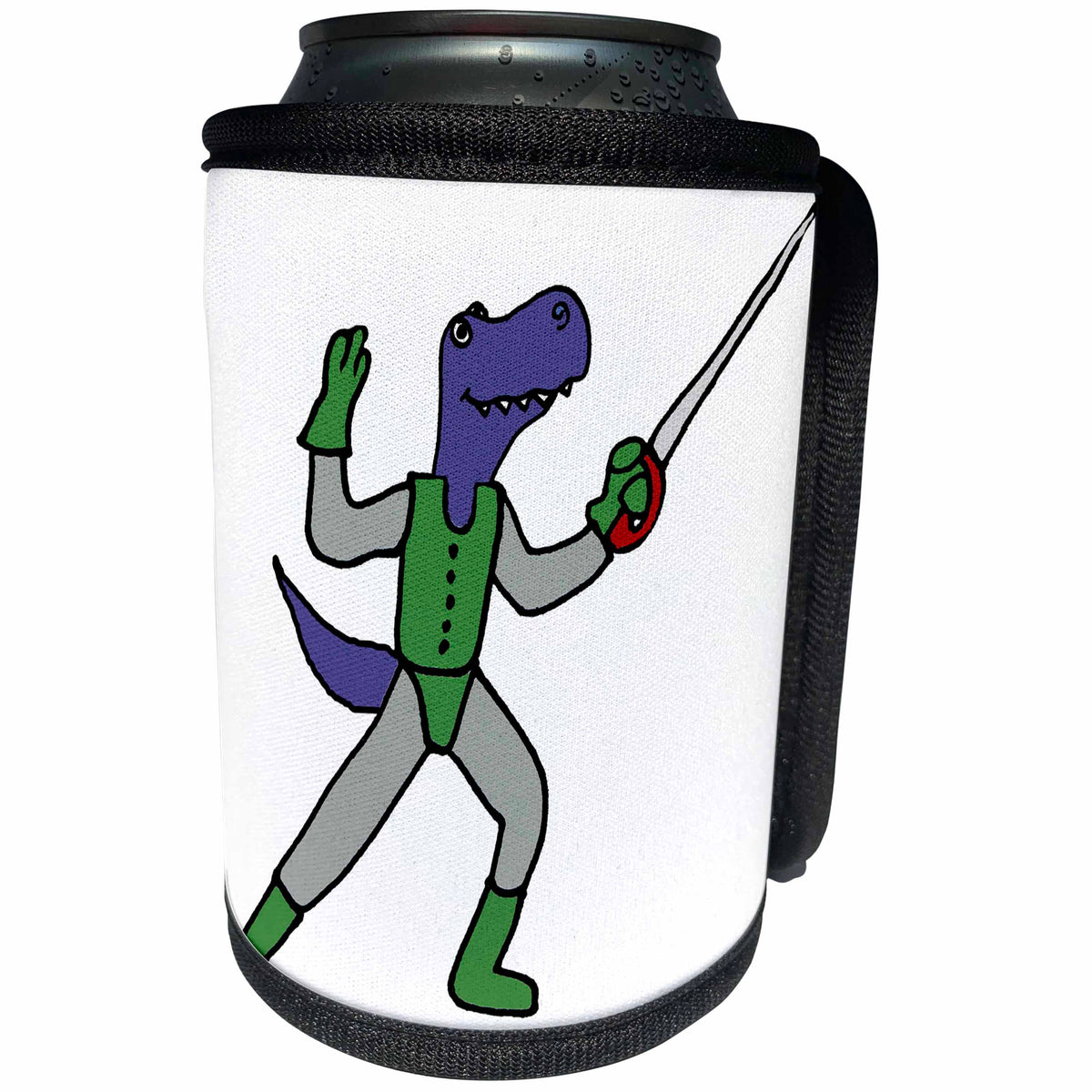 3dRose All Smiles Art Dinosaur - Funny Cute Blue T-rex Dinosaur Fencing Cartoon - Can Cooler Bottle Wrap (cc_270112)