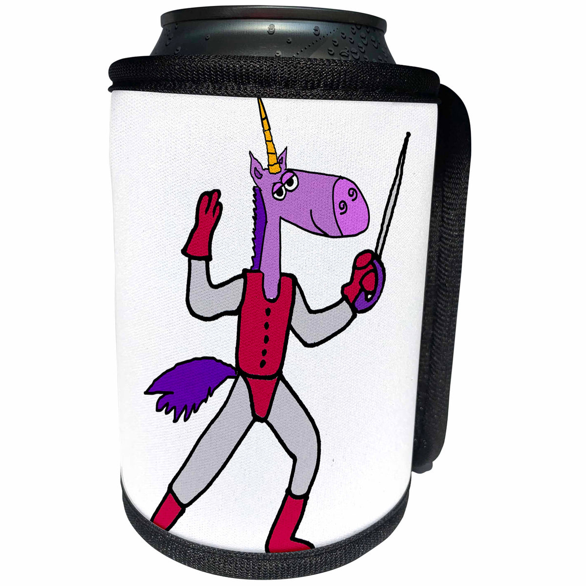 3dRose All Smiles Art Sports and Hobbies - Cute Funny Purple Unicorn Fencing Cartoon - Can Cooler Bottle Wrap (cc_270114)