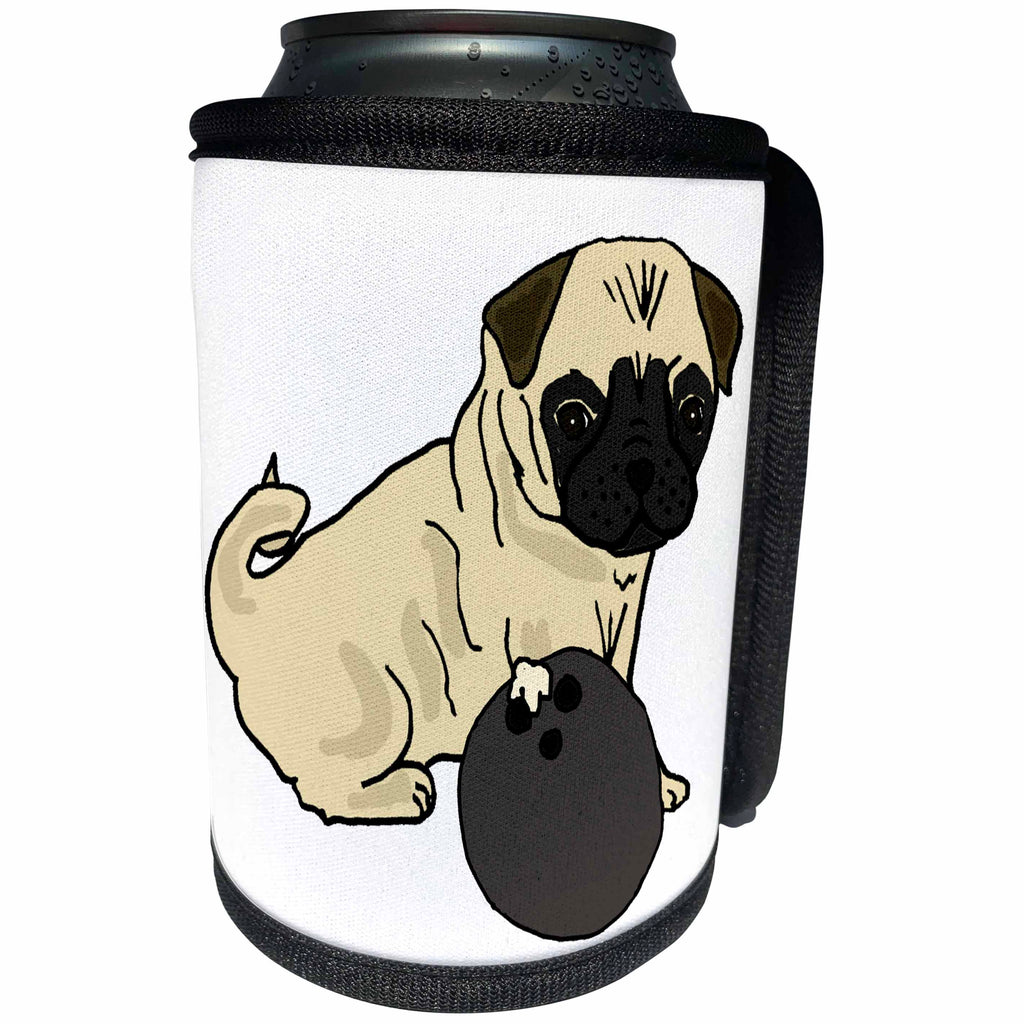 3dRose All Smiles Art Pets - Funny Cute Pug Puppy Dog Bowling Cartoon - Can Cooler Bottle Wrap (cc_270126)