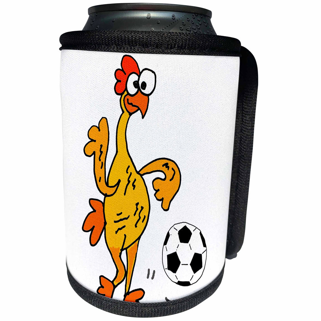 3dRose All Smiles Art Sports and Hobbies - Hilarious Cool Rubber Chicken Playing Soccer Cartoon - Can Cooler Bottle Wrap (cc_270129)