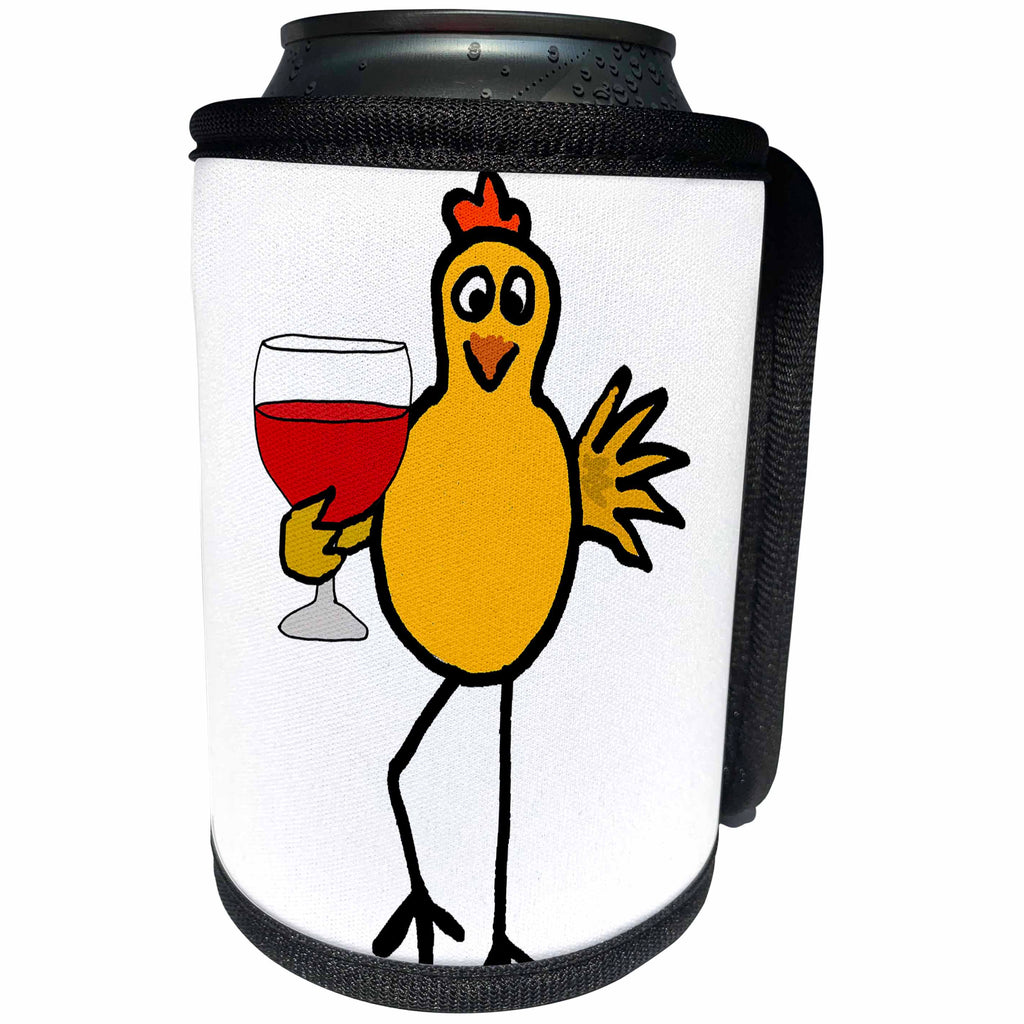 3dRose All Smiles Art Drinking - Cool Funny Yellow Chicken Drinking Wine Cartoon - Can Cooler Bottle Wrap (cc_270130)