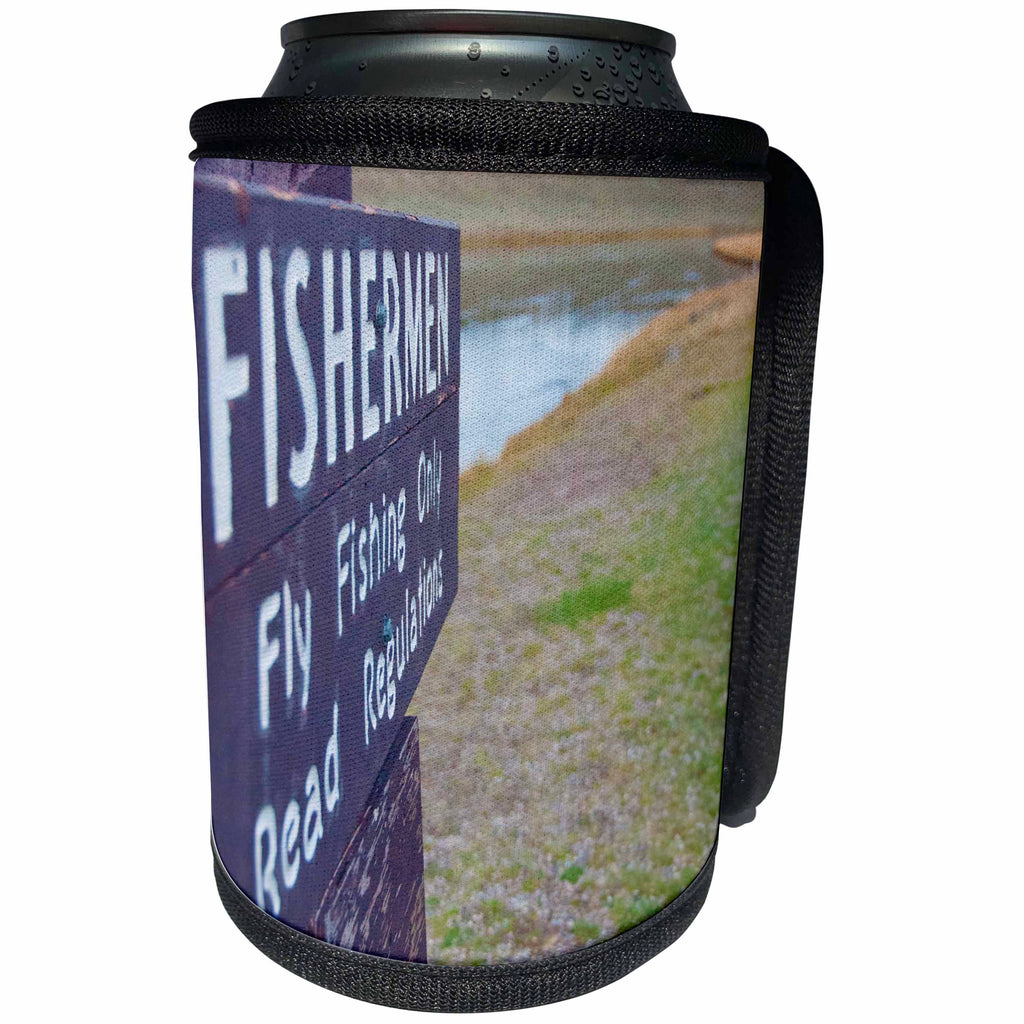 3dRose Jos Fauxtographee- Fly Fishing Sign - A fly fishing sign in Yellowstone shot at an angle with grass - Can Cooler Bottle Wrap (cc_270138)