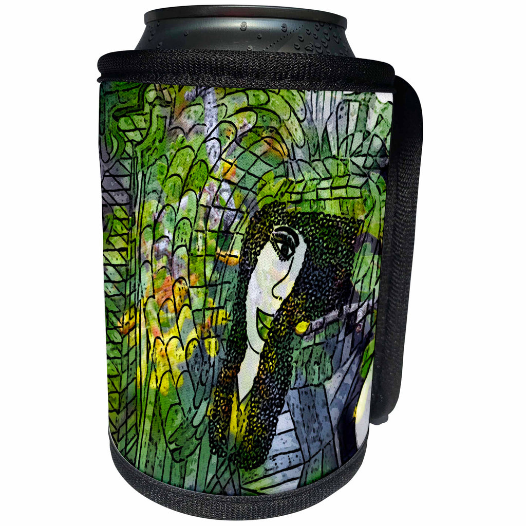 3dRose Jos Fauxtographee- Woman in a Headdress - A drawing of a lady in a headdress of many colors in green and yellow - Can Cooler Bottle Wrap (cc_270140)