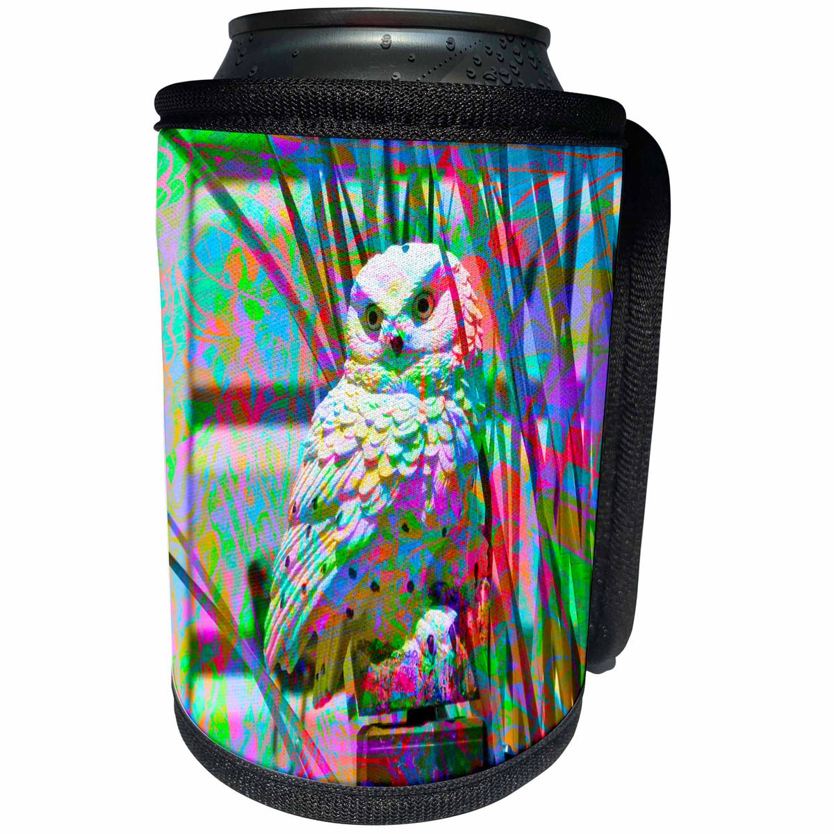 3dRose Jos Fauxtographee- Blended Layers Owl - An Owl in a yard with a blended layer behind it in abstract - Can Cooler Bottle Wrap (cc_270146)