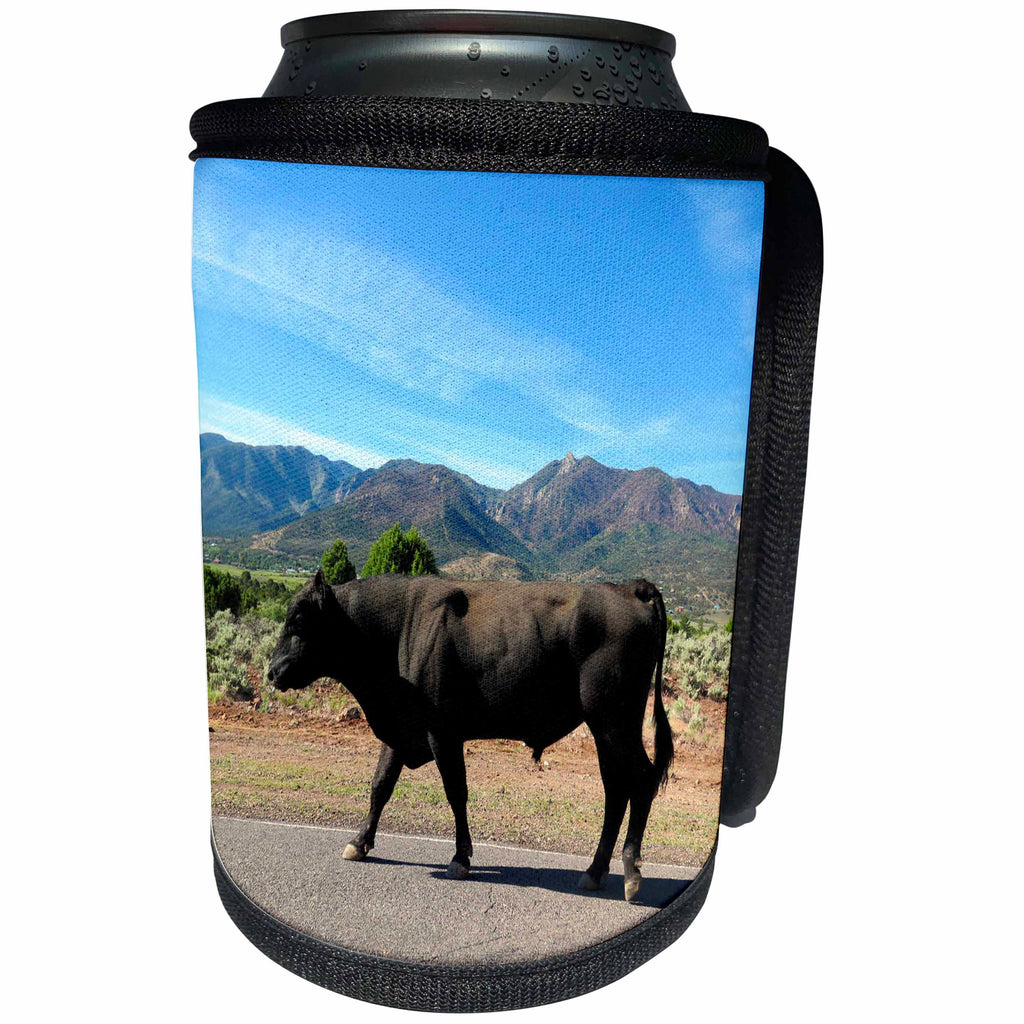 3dRose Jos Fauxtographee- Cow - A large Cow walking down the street in Pine Valley Utah - Can Cooler Bottle Wrap (cc_270150)