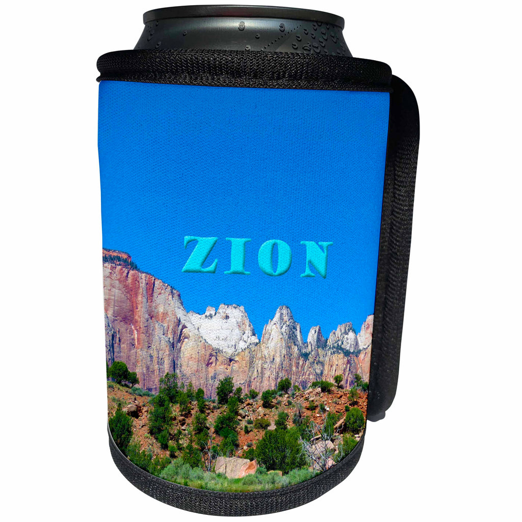 3dRose Jos Fauxtographee- Zion Written above Mountains - The word ZION written above the beautiful mountains in Utah - Can Cooler Bottle Wrap (cc_270163)