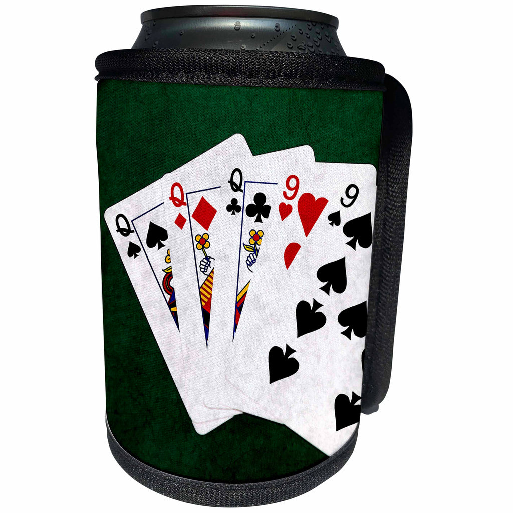 3dRose Alexis Photo-Art - Poker Hands - Poker Hands Full House Queen Nine - Can Cooler Bottle Wrap (cc_270309)