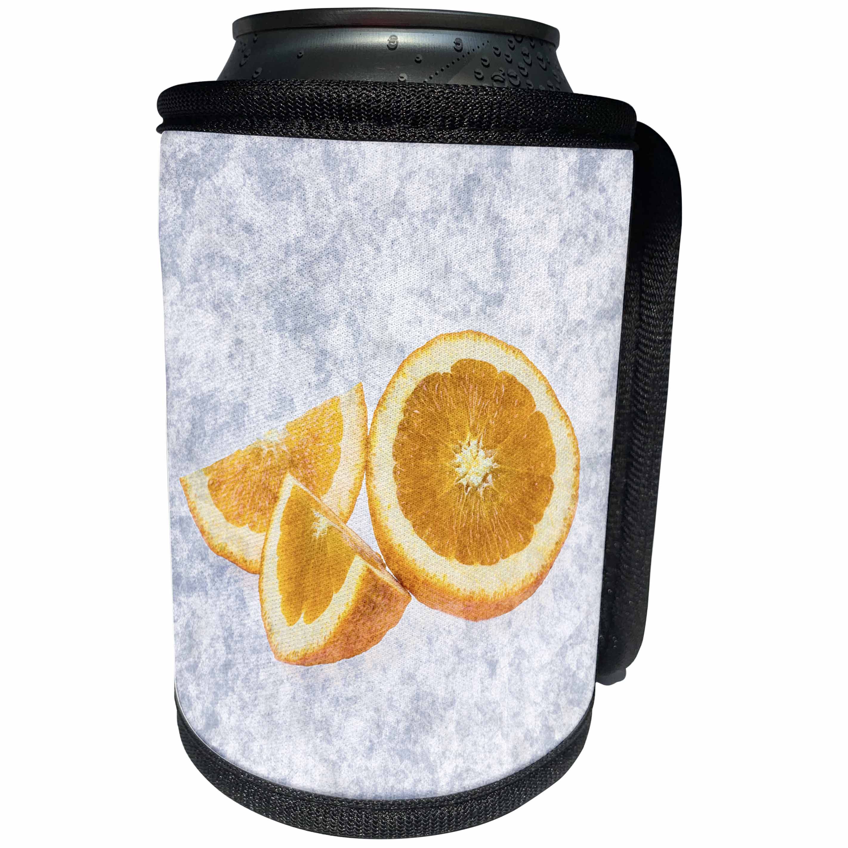 3dRose Alexis Photography - Food Orange - Orange fruit half and two quarters. Textured background - Can Cooler Bottle Wrap (cc_270353)