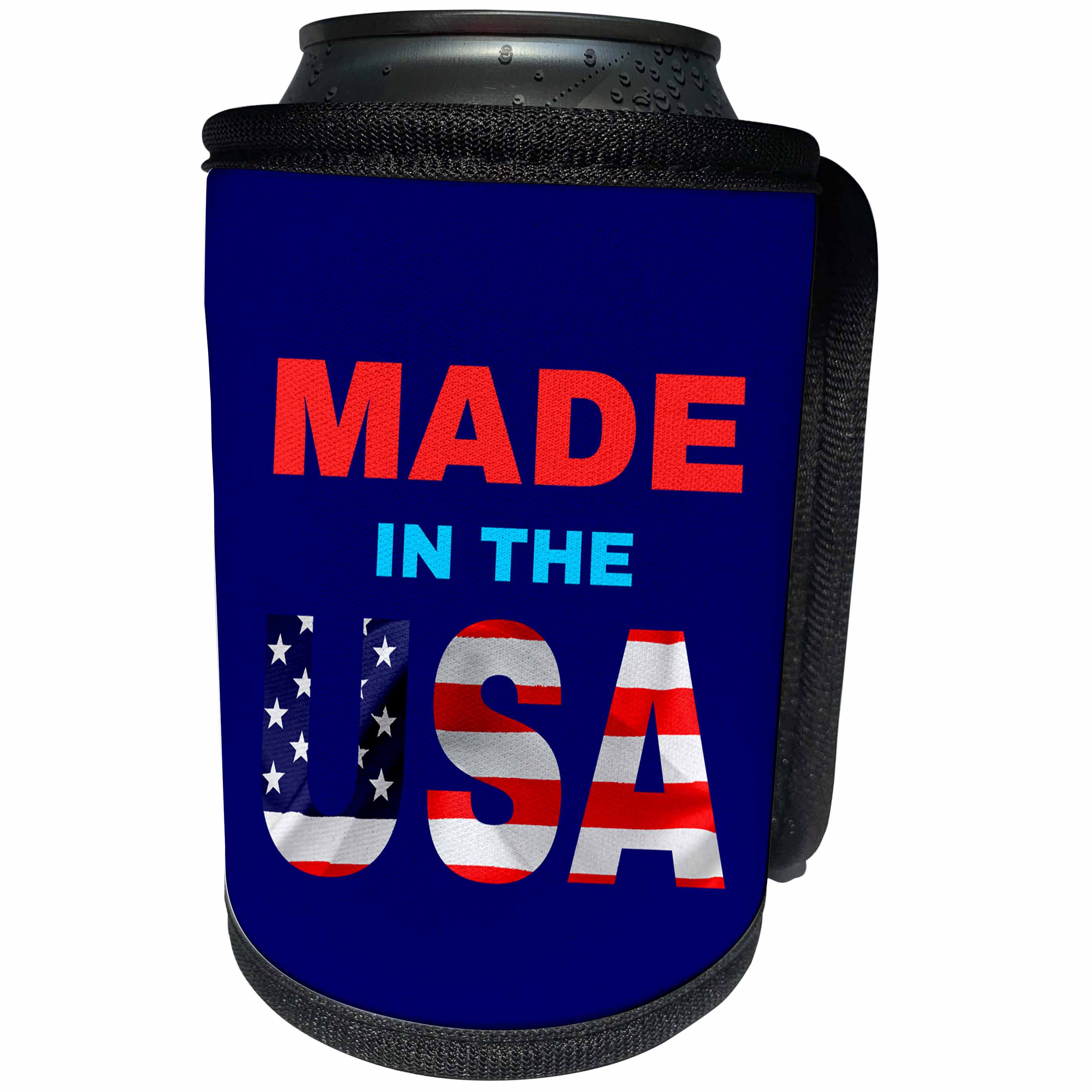 3dRose Alexis Design - America - Made in the USA text. Flag over the USA. Blue background - Can Cooler Bottle Wrap (cc_270544)