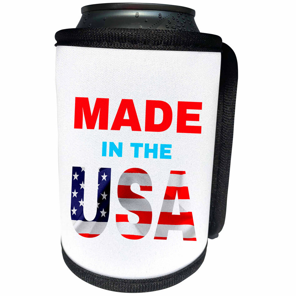 3dRose Alexis Design - America - Made in the USA text. Flag over the USA. White background - Can Cooler Bottle Wrap (cc_270545)