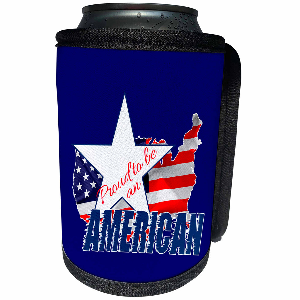 3dRose Alexis Design - America - Map and Flag of the USA, Proud to be an American text on blue - Can Cooler Bottle Wrap (cc_270546)