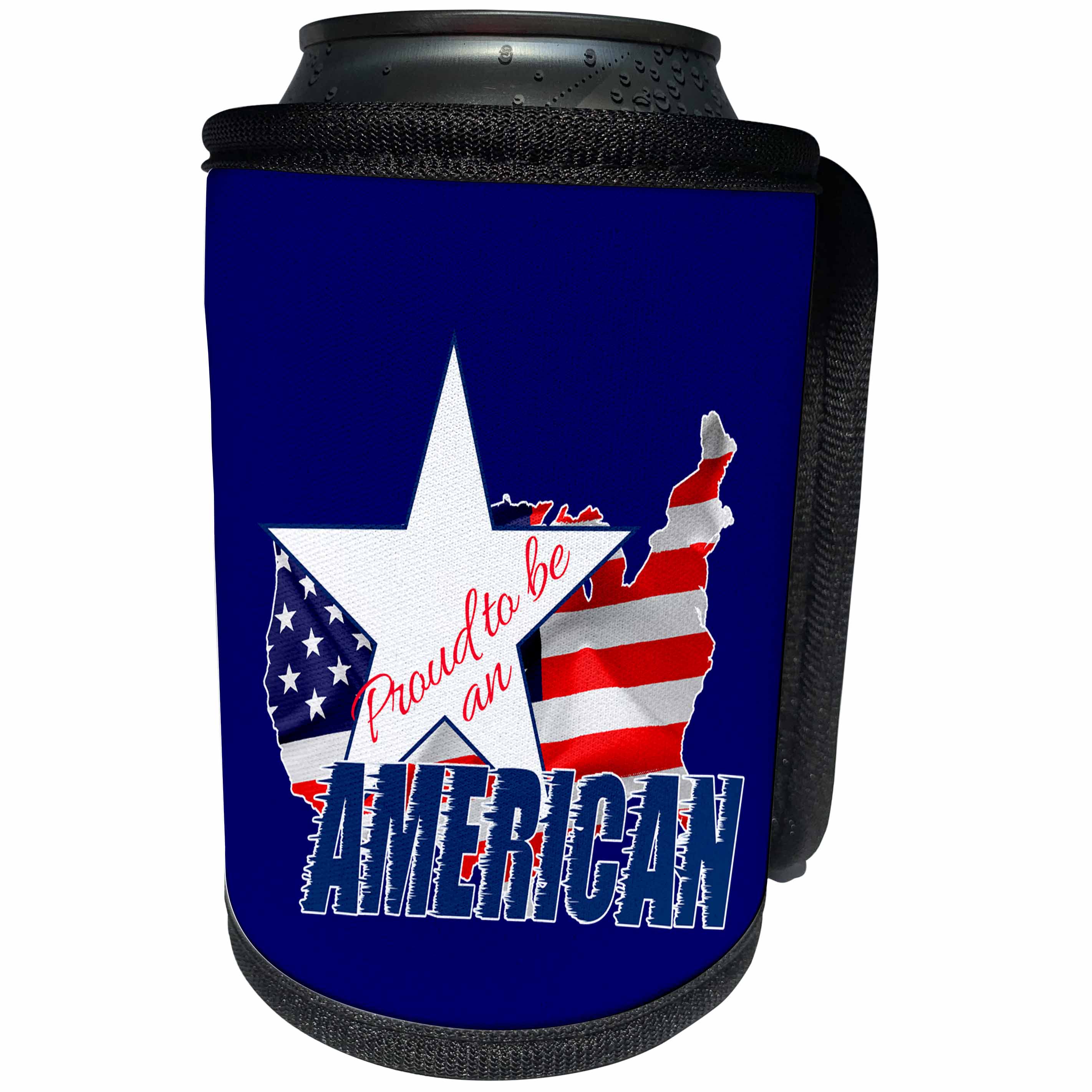 3dRose Alexis Design - America - Map and Flag of the USA, Proud to be an American text on blue - Can Cooler Bottle Wrap (cc_270546)